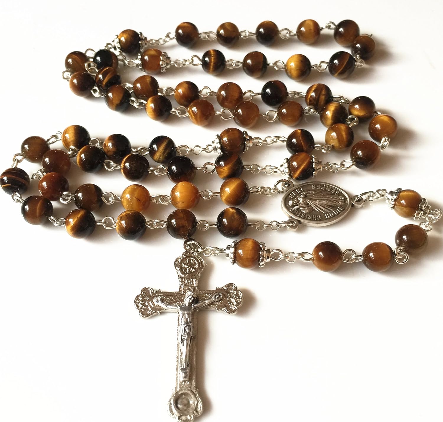 elegantmedical HANDMADE Tiger Eye Rosary Beads Italy Relic Cross CRUCIFIX CATHOLIC NECKLACE GIFT BOX - Image 4