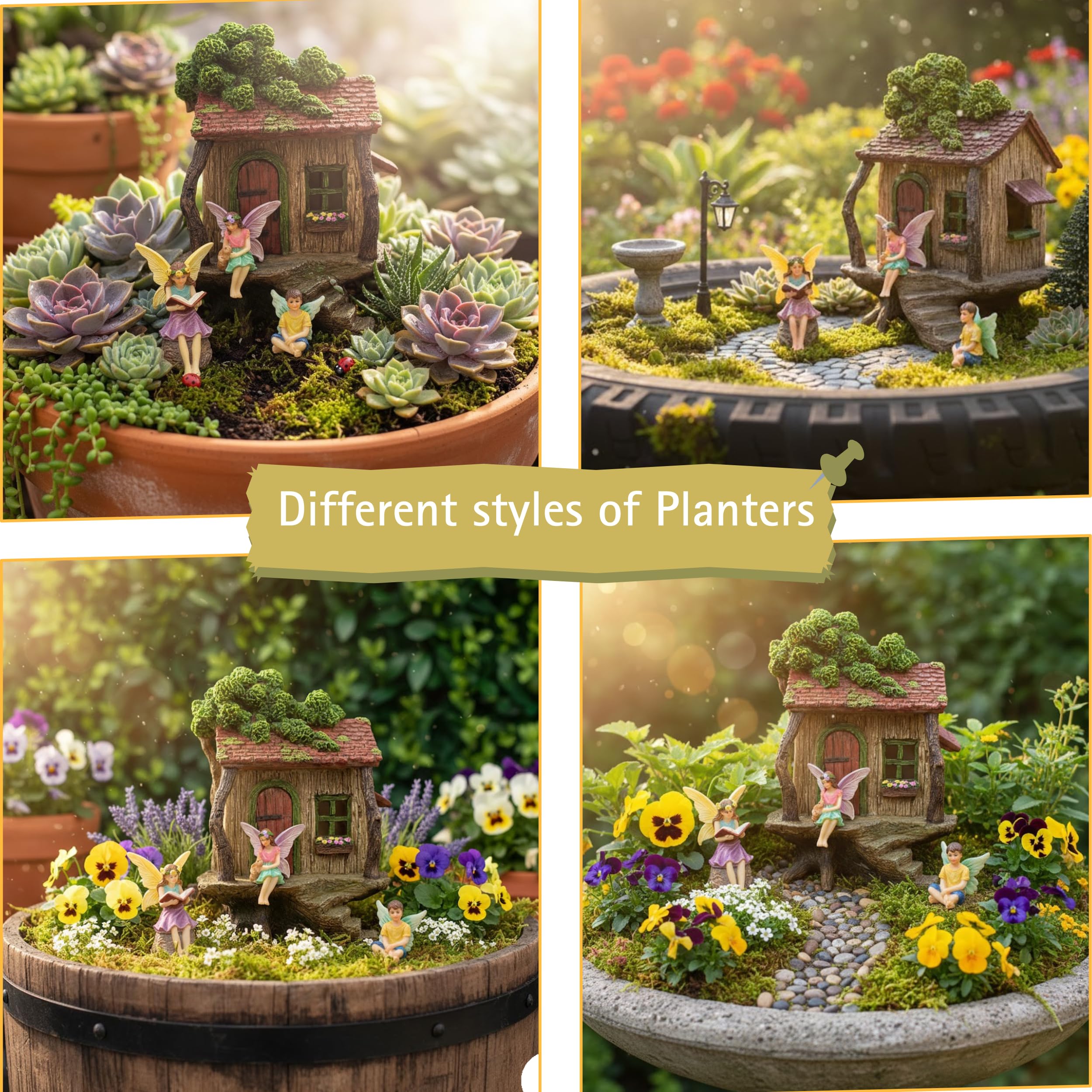 PRETMANNS Kit de casa de jardín de Hadas - Completo con Accesorios, casa de 20 cm de Alto con Puerta Que se Abre y Hadas para Jardines al Aire Libre - 4 Piezas
