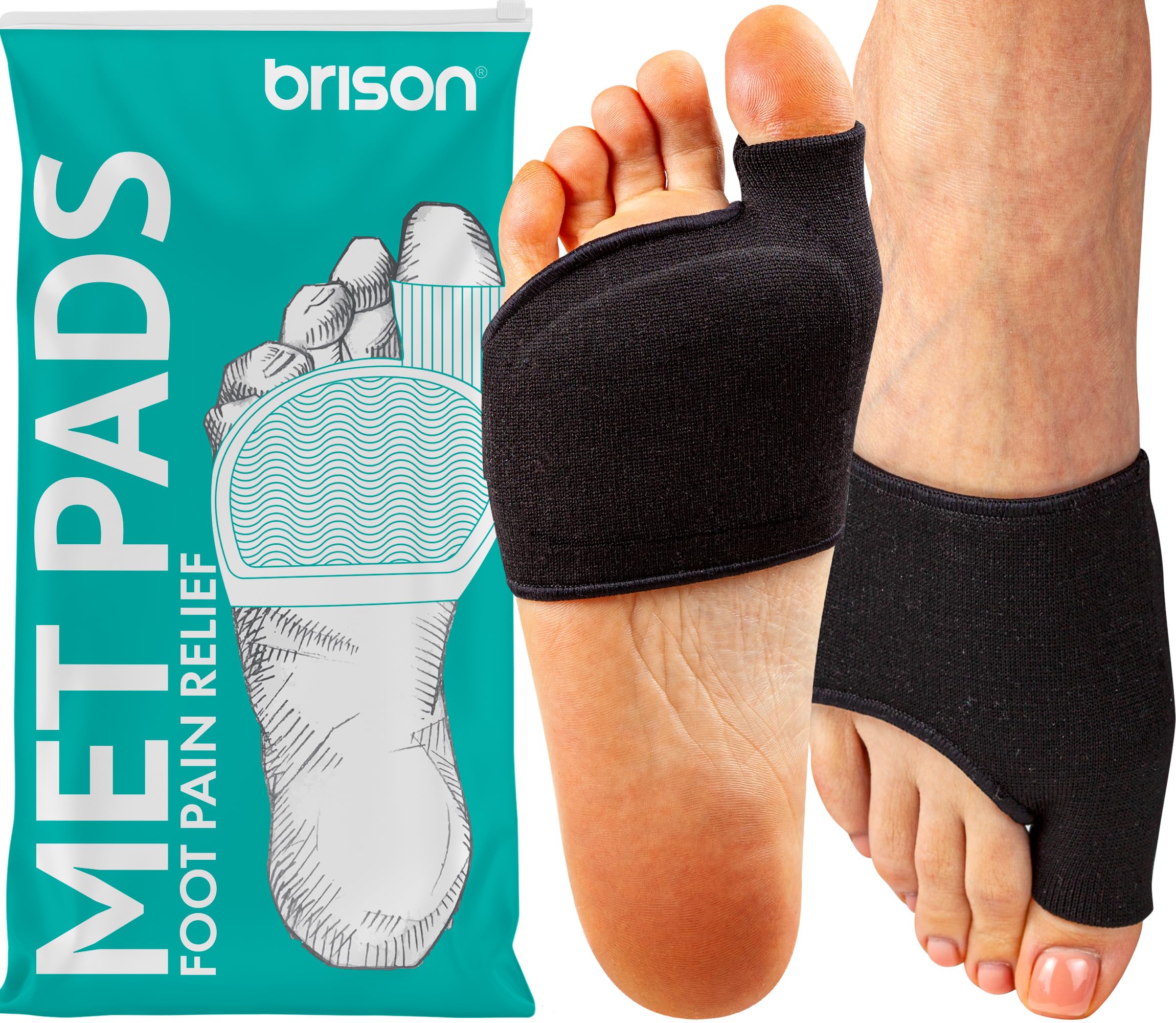 Brison Podiatrist-Designed Metatarsal Pads for Women & Men - Ball of Foot Cushions for Pain Relief Metatarsalgia Morton's Neuroma Calluses 1 Pair Black, Medium