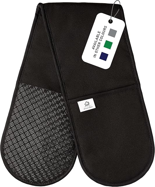 Heat Resistant Black Oven Gloves | Double Oven Mitt Pot Holder With Silicone Non-slip Design For Home Kitchen Baking | Best Modern Stylish Cooking Oven Glove Mitts.