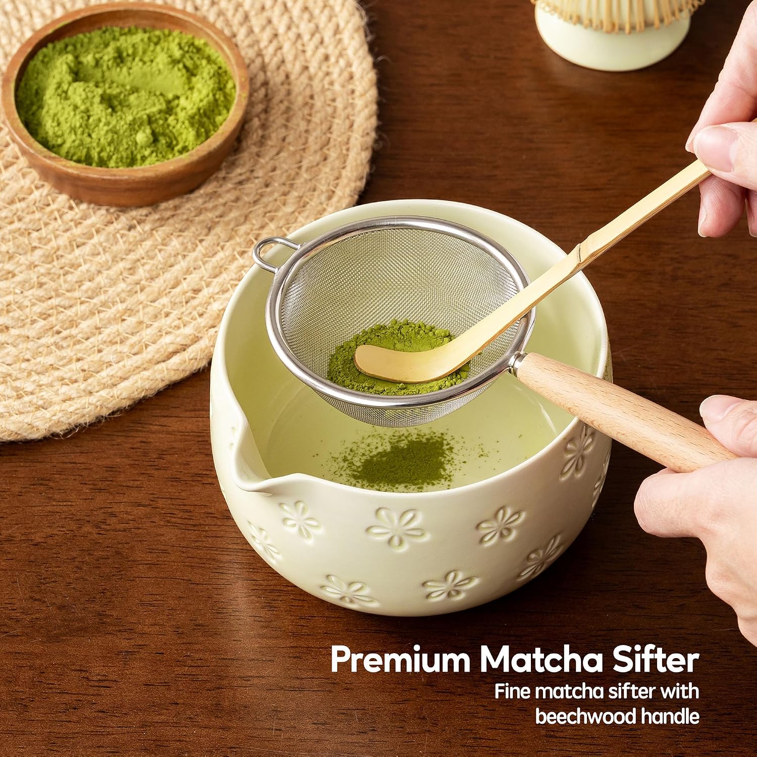 matcha whisk set, ceramic matcha set, 6 pcs matcha kit includes matcha bowl, matcha whisk with holder, bamboo scoop, scoop rest, sifter, ceremonial matcha tea set, perfect gifts, beige
