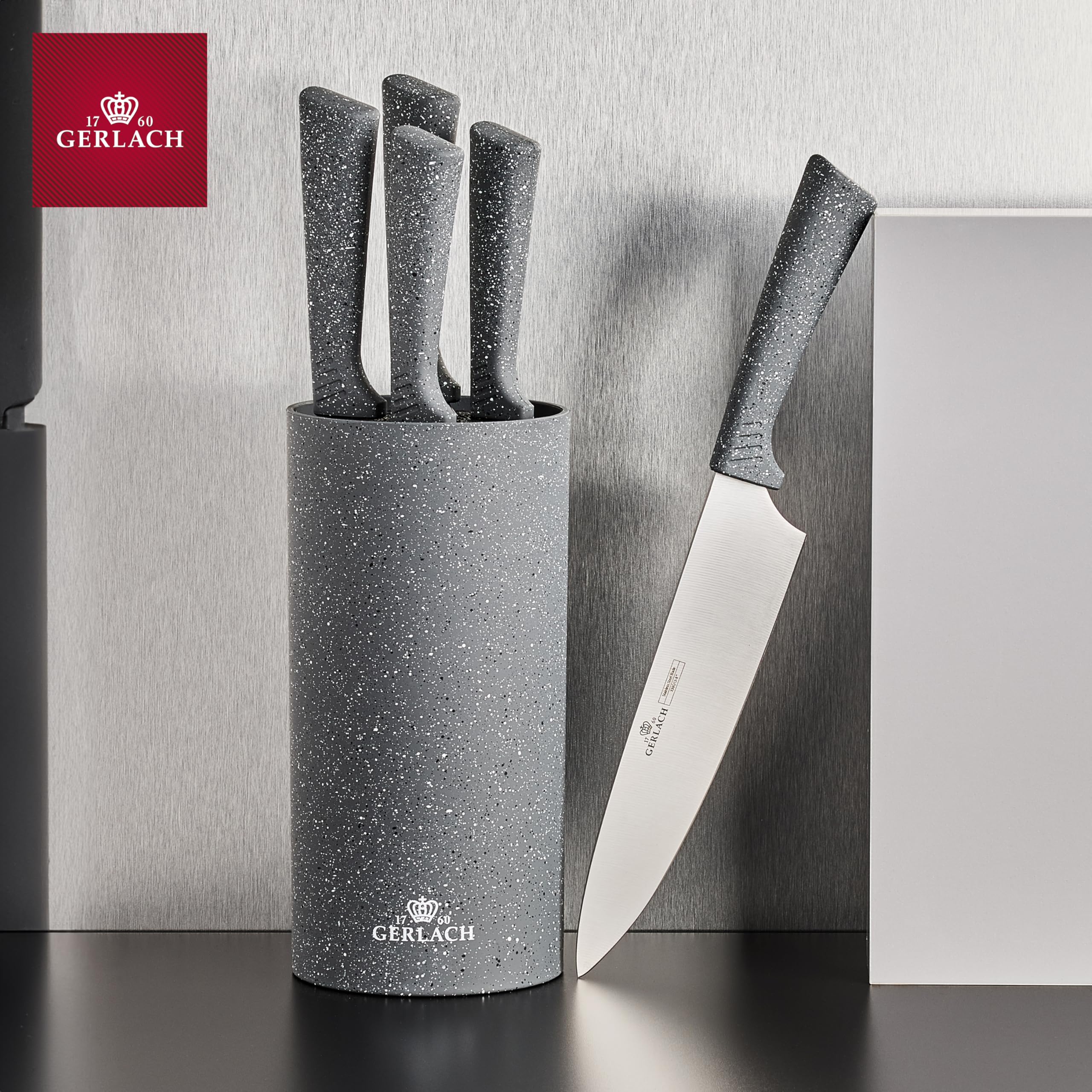 Gerlach Set Coltelli Da Cucina In Acciaio Inox Granito Smart - 5 Pezzi Con Blocco Portacoltelli, Design Minimalista