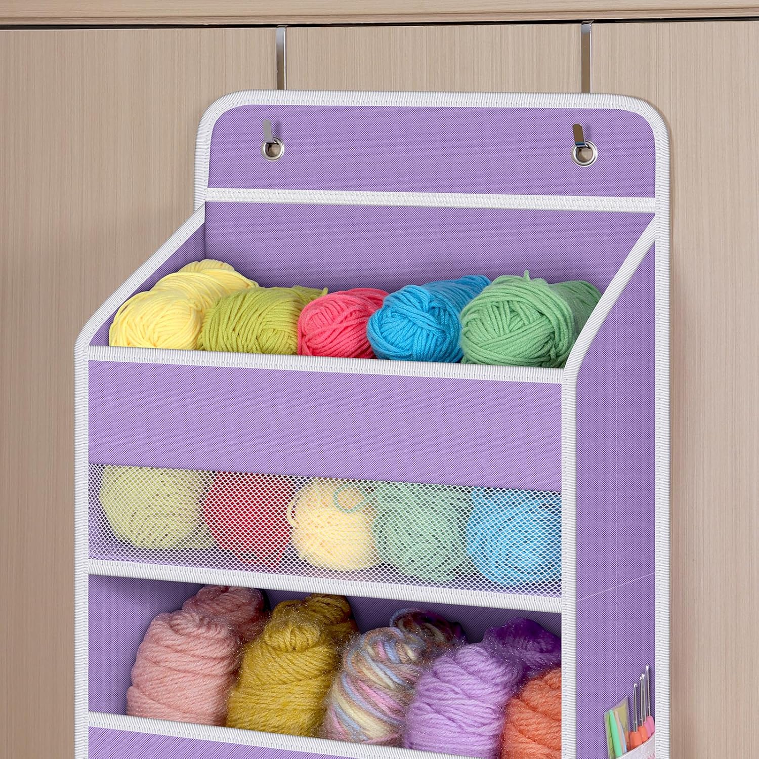 Univivi Over The Door Hanging Organizer with 6 Large Compartments and Mesh Windows, Over The Door Baby Clothes Organizer for Cosmetics, Baby Essentials and Diapers (Purple)