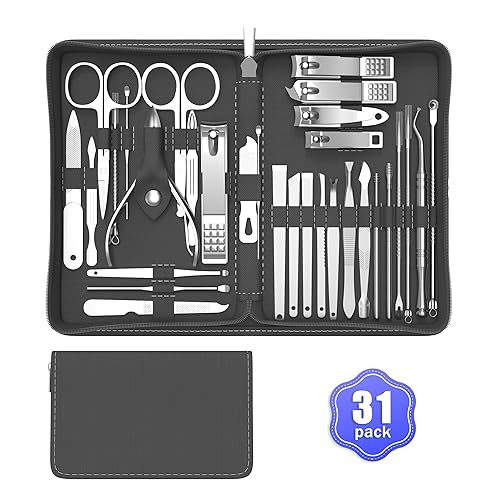 Cater Kit de cortaúñas de manicura, juego de aseo de uñas de acero inoxidable de 31 piezas con lujoso estuche de viaje (negro)