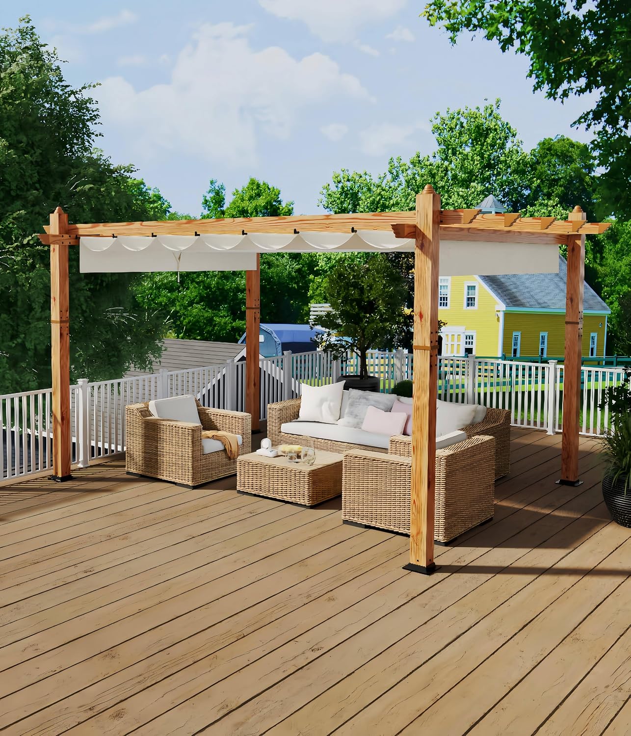GarveeLife 10 x 13 ft Wood-Grain Aluminum Pergola Outdoor Pergola with Retractable Canopy Sun Shade Shelter for Garden, Patio, Backyard, Deck - Beige