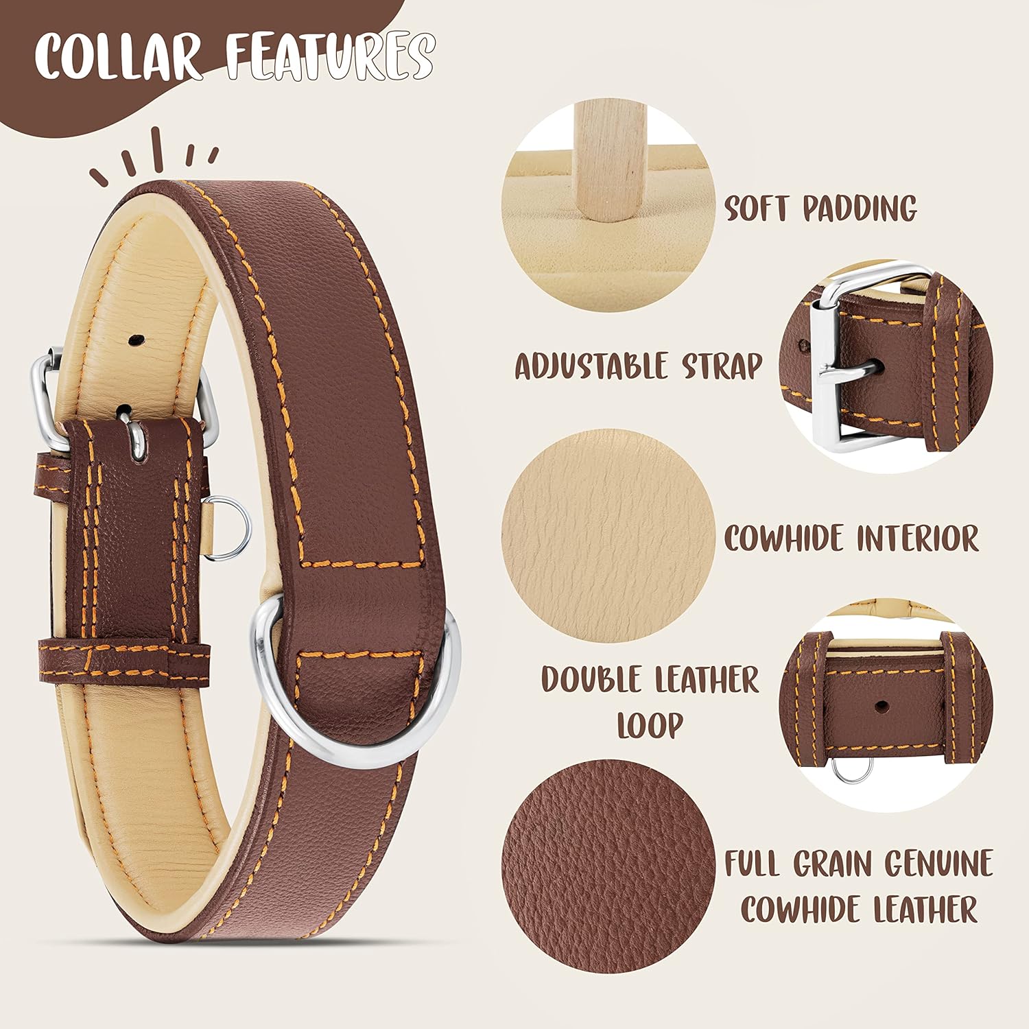 Riparo Dog Collars for Medium Dogs, Genuine Leather Dog Collar, Medium Dog Collar (M: 1" Wide for 13.5”-17.5” Neck, Brown)