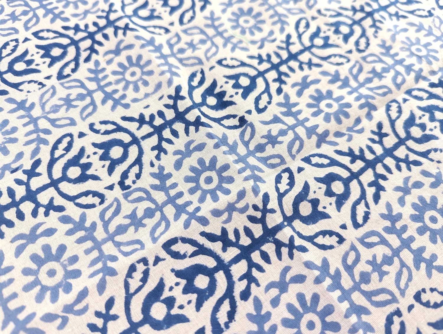 AVKA Studio Hand Block Print Fabric by The Yard - PRECUT 5 Yard 42 Inch Width - 100% Cotton Material - White & Blue Floral Pattern - Light Weight Indian Cloth for Making Summer Dress Tops Projects