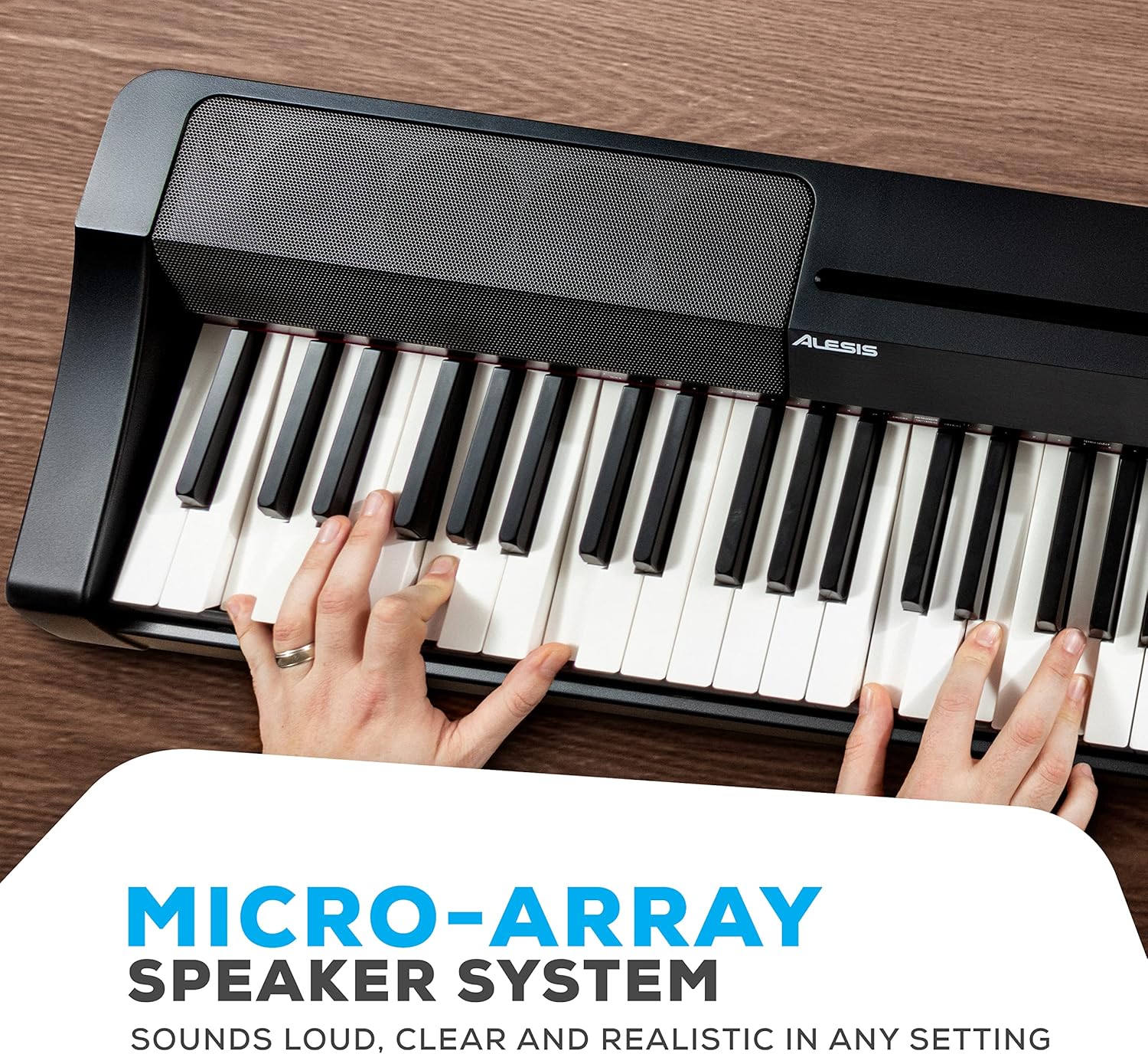 Close-up of the Alesis Recital Grand's micro-array speaker system.