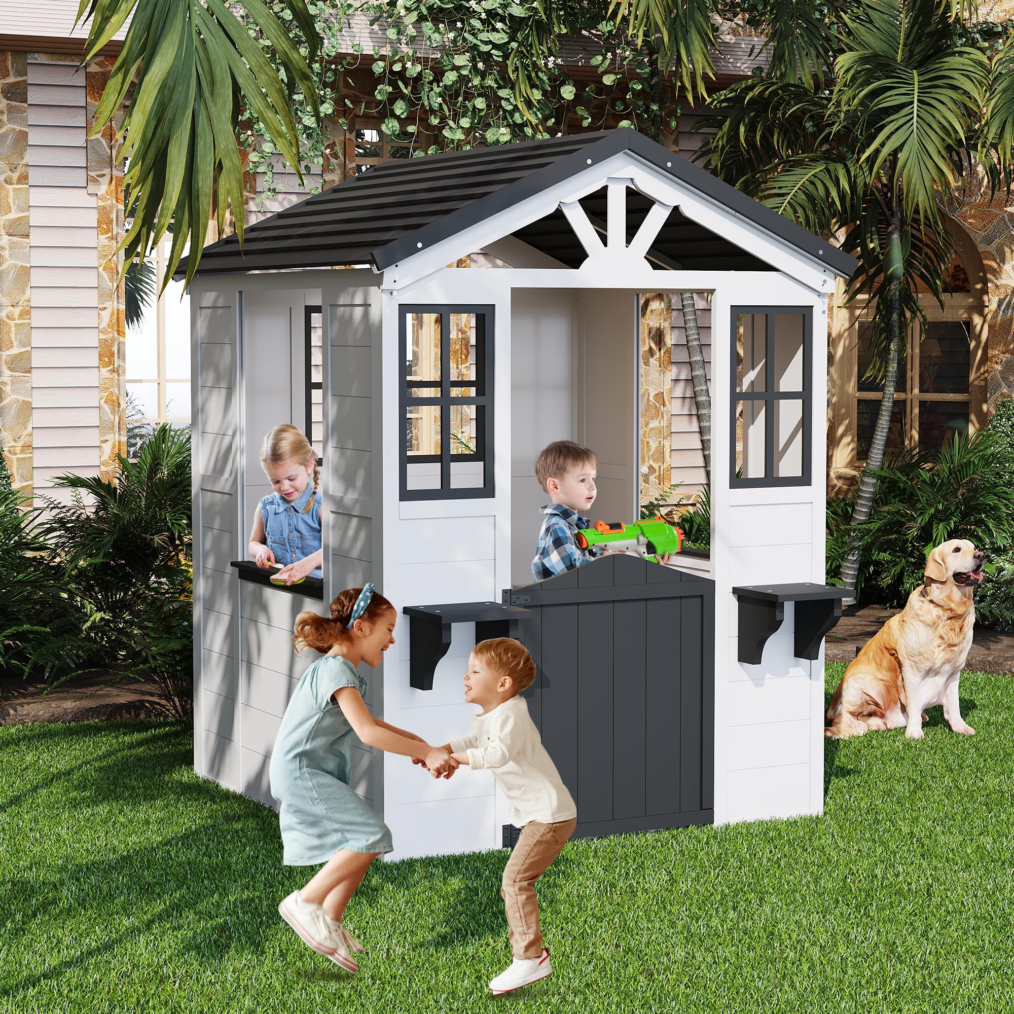 IDEALHOUSE Zedernholz Kinderspielhaus Outdoor - Landhaus-Cottage mit Veranda & Spielküche, Holländertür, Blumentopfhalter, wetterfestes Vinyl-Dach, einfache Montage - Weiß