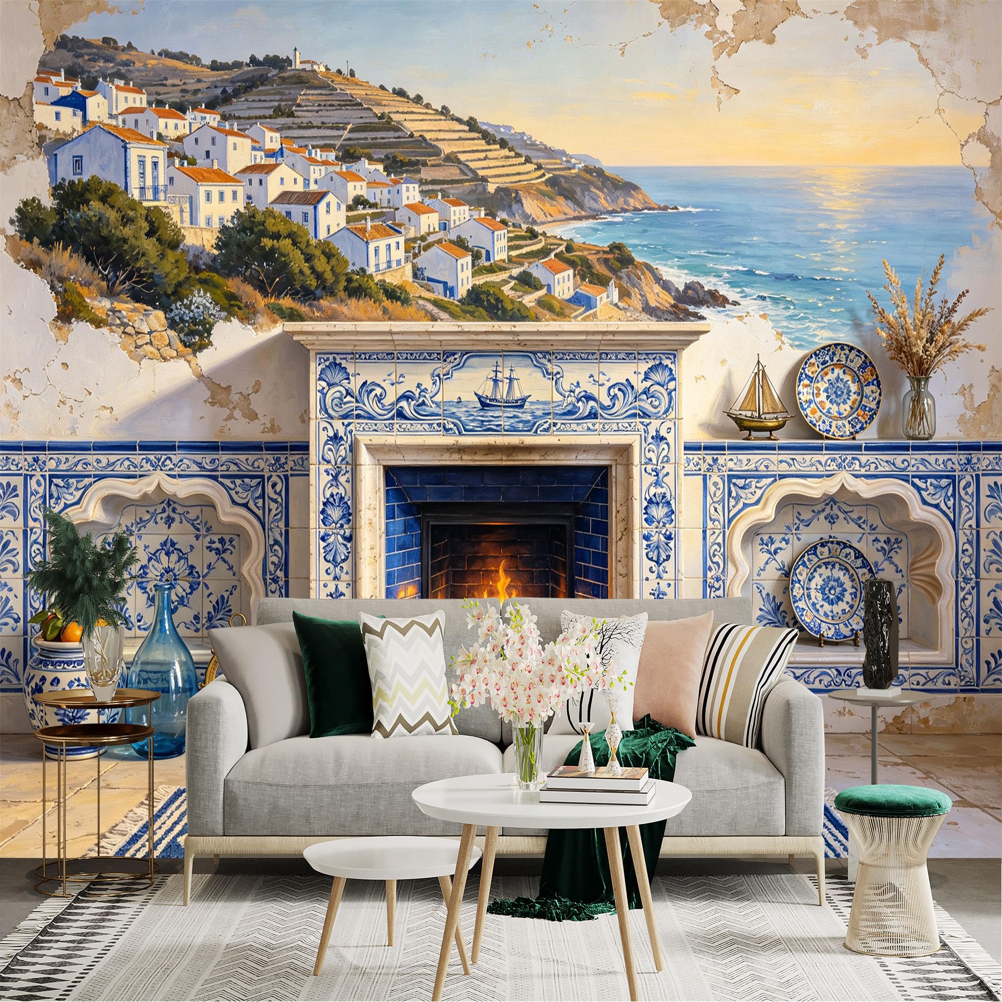Lnzczhyre Bh260719251 Custom Size Wall Sticker Mural， Mediterranean Coastal Village， Seaside Landscape， Blue And White Architecture， Ocean View， For Wall Decoration， Peelandstick Wall Decals.
