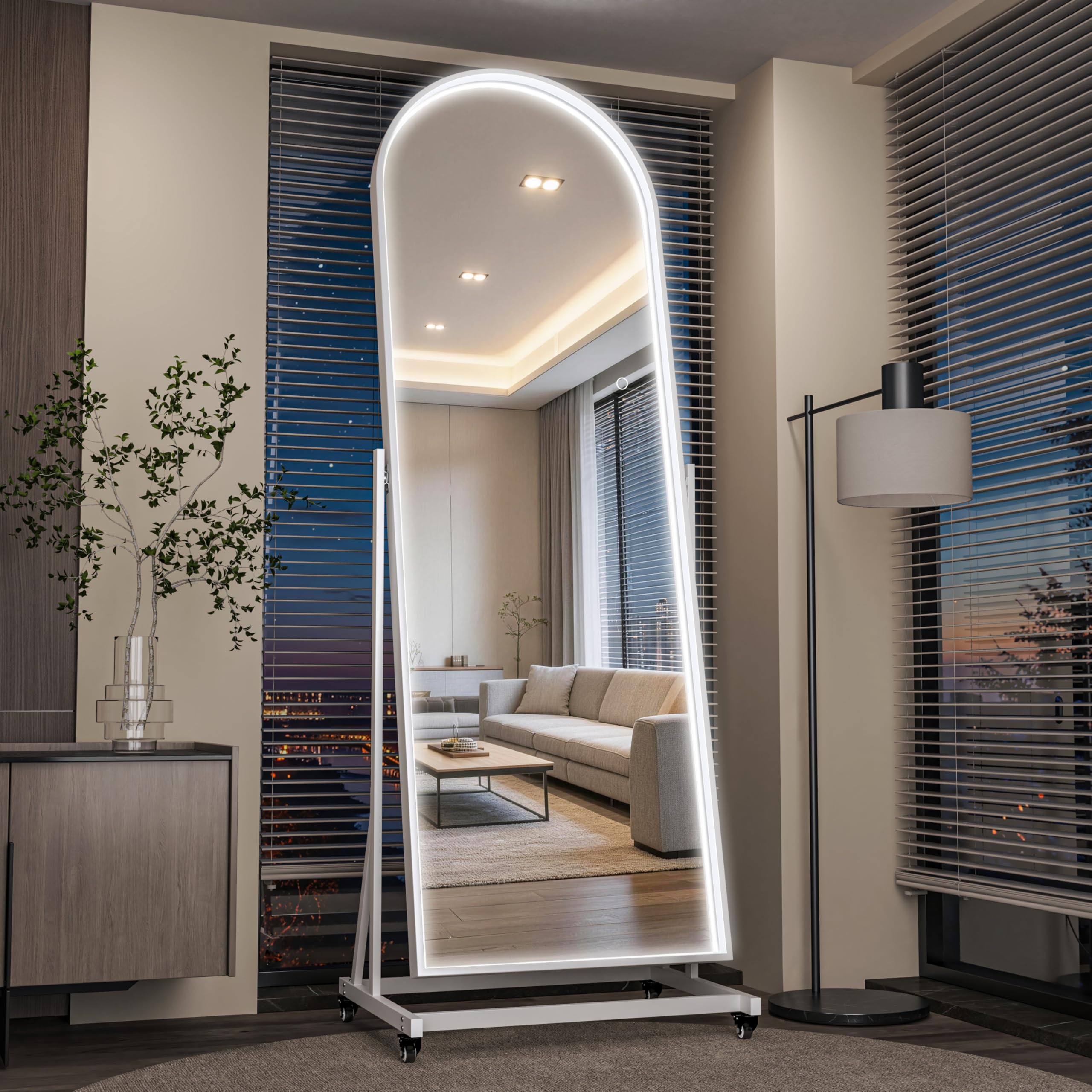 Photo 1 of WINNICE 77"x26" Arched LED Full Length Rolling Mirror on Wheels, Tilting Swivel Floor Mirror with Lights, 3 Color Temperatures & Adjustable Brightness for Bedroom, Dressing Room, Home Gym, Home Decor