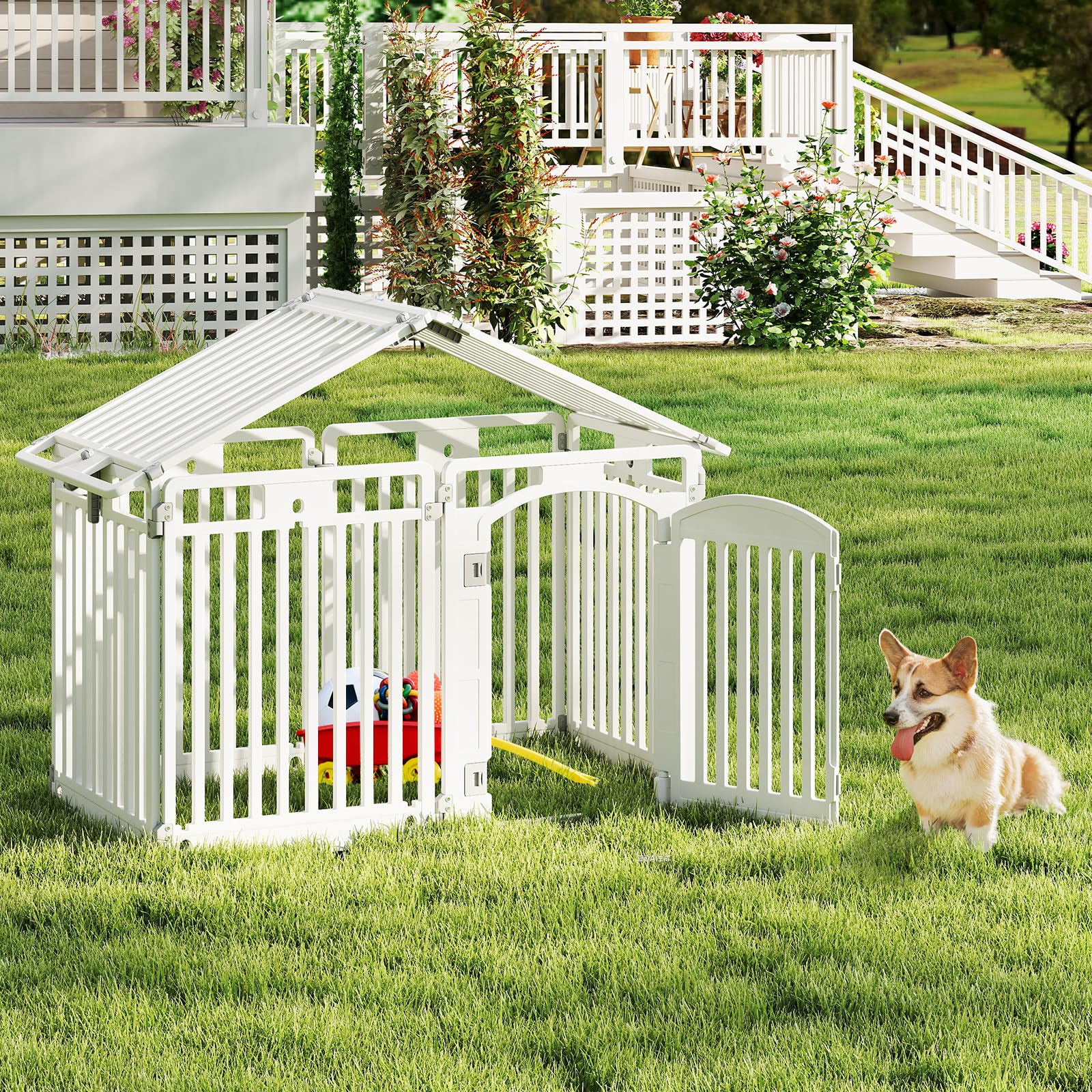 GYMAX Parque para Perros Plegable, Corral para Mascotas de 8 Paneles, con Puerta Bloqueable, para Perros Pequeños y Medianos, Jaula de Ejercicio, Uso Interior y Exterior, Blanco