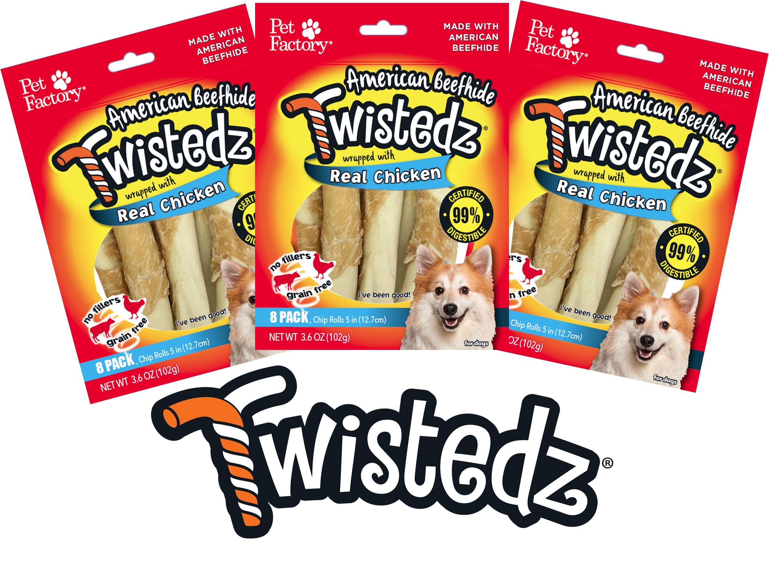 Pet Factory Twistedz American Beefhide Rolls , Chip Rolls Wrapped with Real Flavors, 99% Digestible Grain & Filler-Free Rawhide Sticks, 5" Dog Chews - 3 Pack of 8 Rawhide Treats