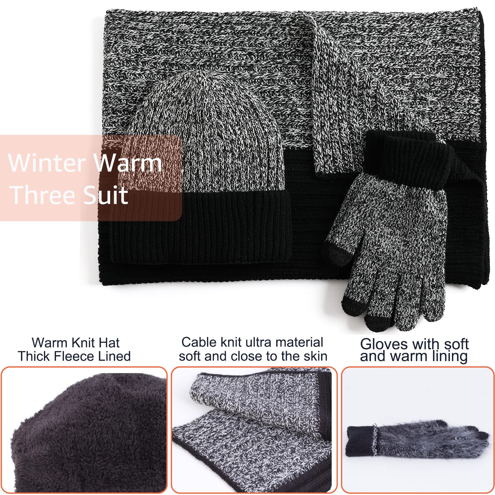 Juego de 3 guantes de bufanda de invierno para hombres y mujeres, calentador de cuello solitario, gorro de punto, guantes para pantalla táctil, gorro de lana con forro polar, 6