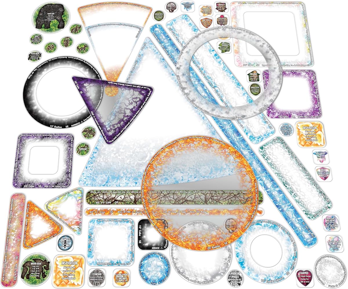 Dungeons & Dragons Spell Effects AOE Templates - DND Accessories 24pc Complete Area of Effect Marker Set for D&D 5E - Clear Overlay Measurement Tools All Shapes, Conditions & Buffs