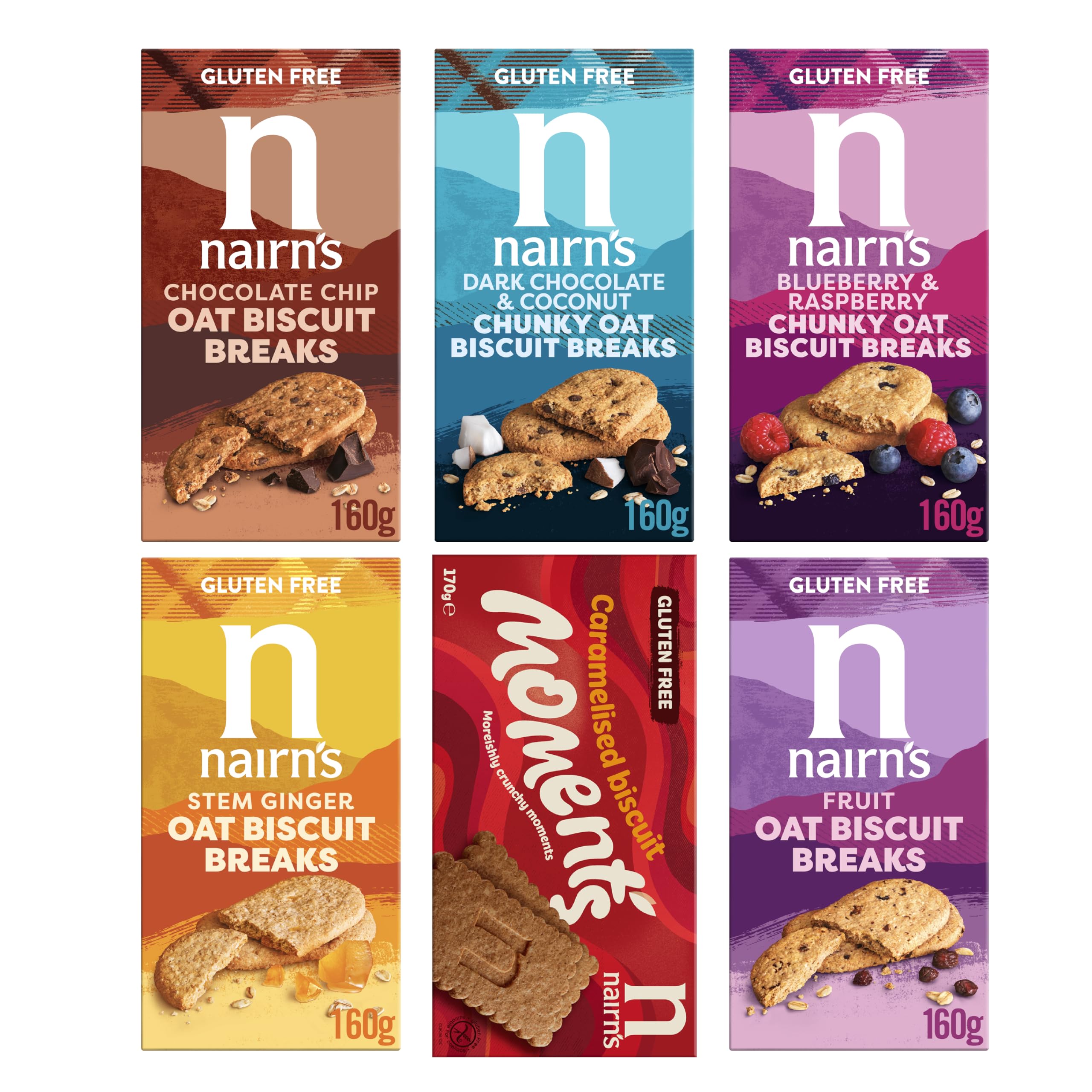 Nairn's Oat Biscuit Breaks - Gluten Free Variety Pack - Healthy Snacks - Biscuits, Chunky Oat Bisc.: Choc Chip, Stem Ginger, Fruit, Caramelised Bisc., Dark Choc Coconut, Blueberry & Raspberry - 6 Pack