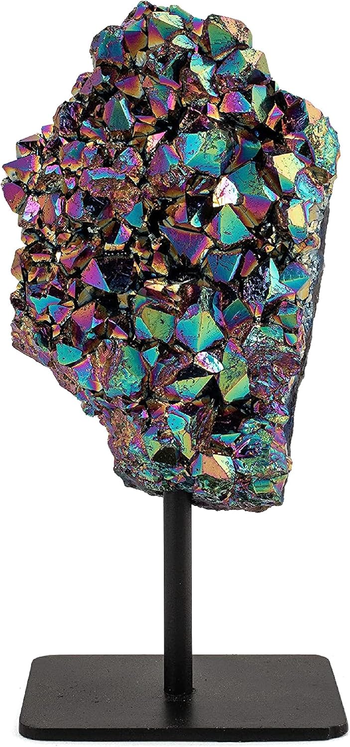 KALIFANO Large Angel Aura Amethyst Geode on Stand - Titanium Bonded High Energy Crystal Amethyst - Natural Reiki Amatista Rock with Healing and Calming Effects (Family Owned and Operated)