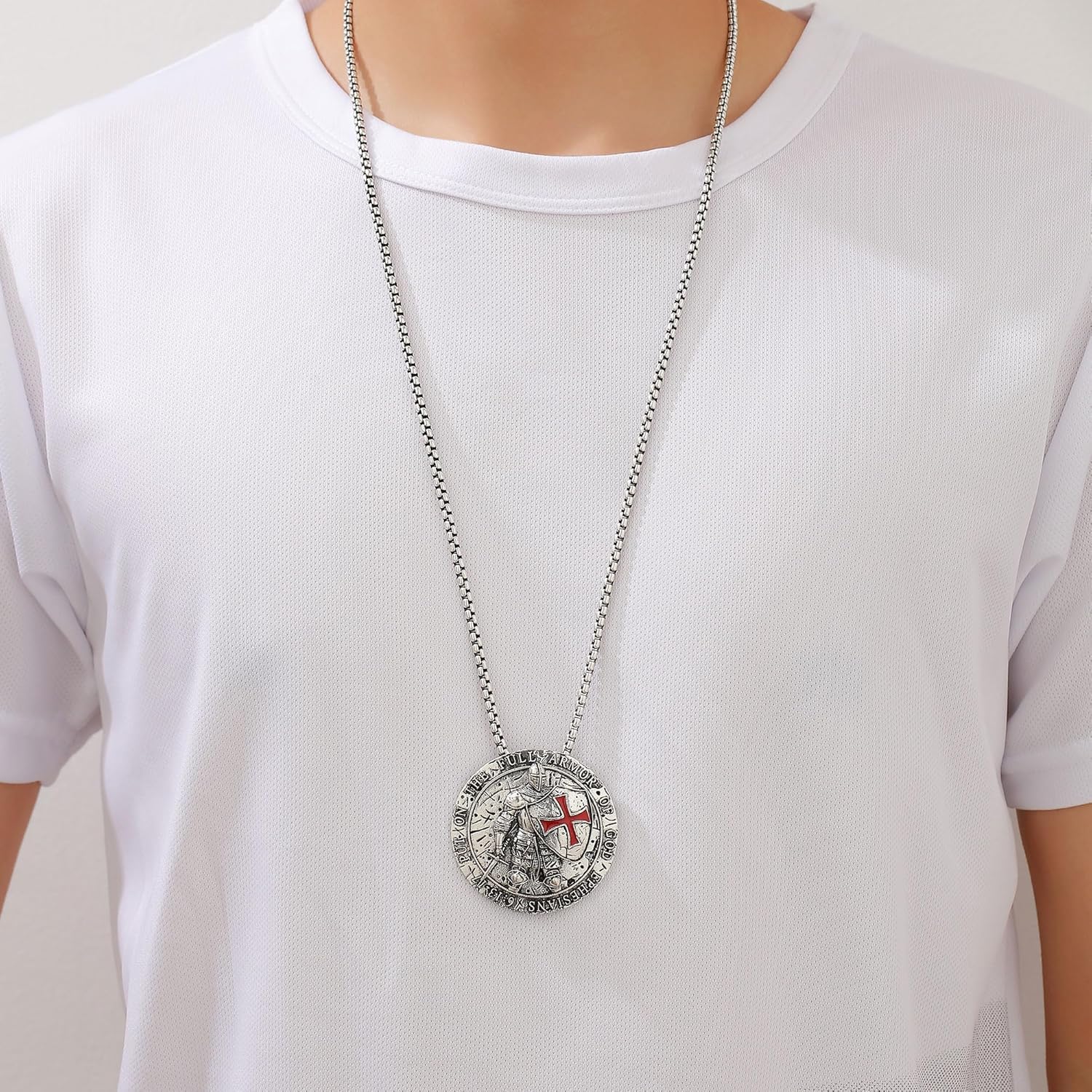 Yumikoo Bronzy Put on the Full Armor of God Ephesians 6:13-17 Templar Necklace with Red Cross Religious Jewelry Medieval Knights Shield Pendant - Image 4