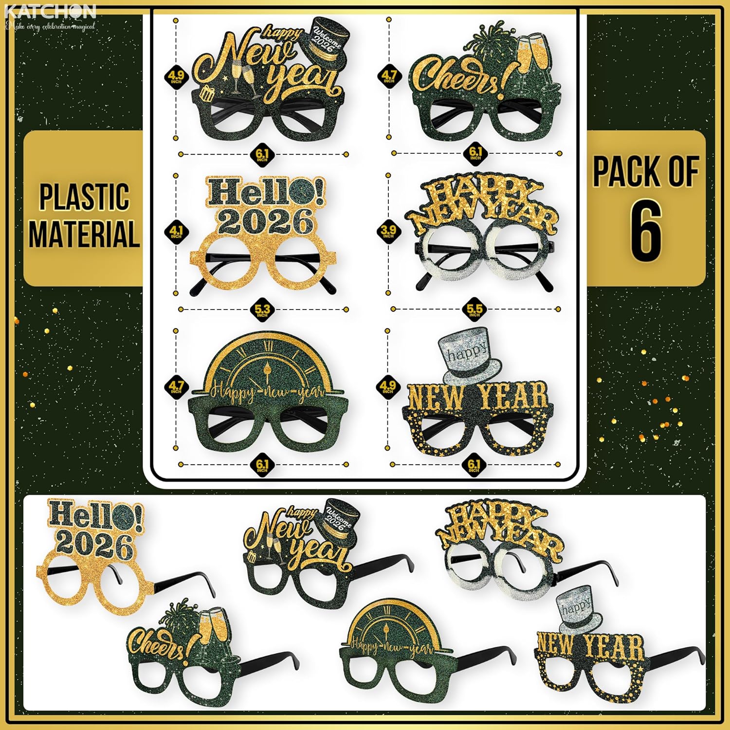 KatchOn, New Years Glasses 2026 - Pack of 6 | Plastic Gold and Black Glasses 2026 for Happy New Year Decorations 2026, New Years Eve Party Supplies 2026 | Happy New Year 2026, NYE Decorations 2026 - Image 2