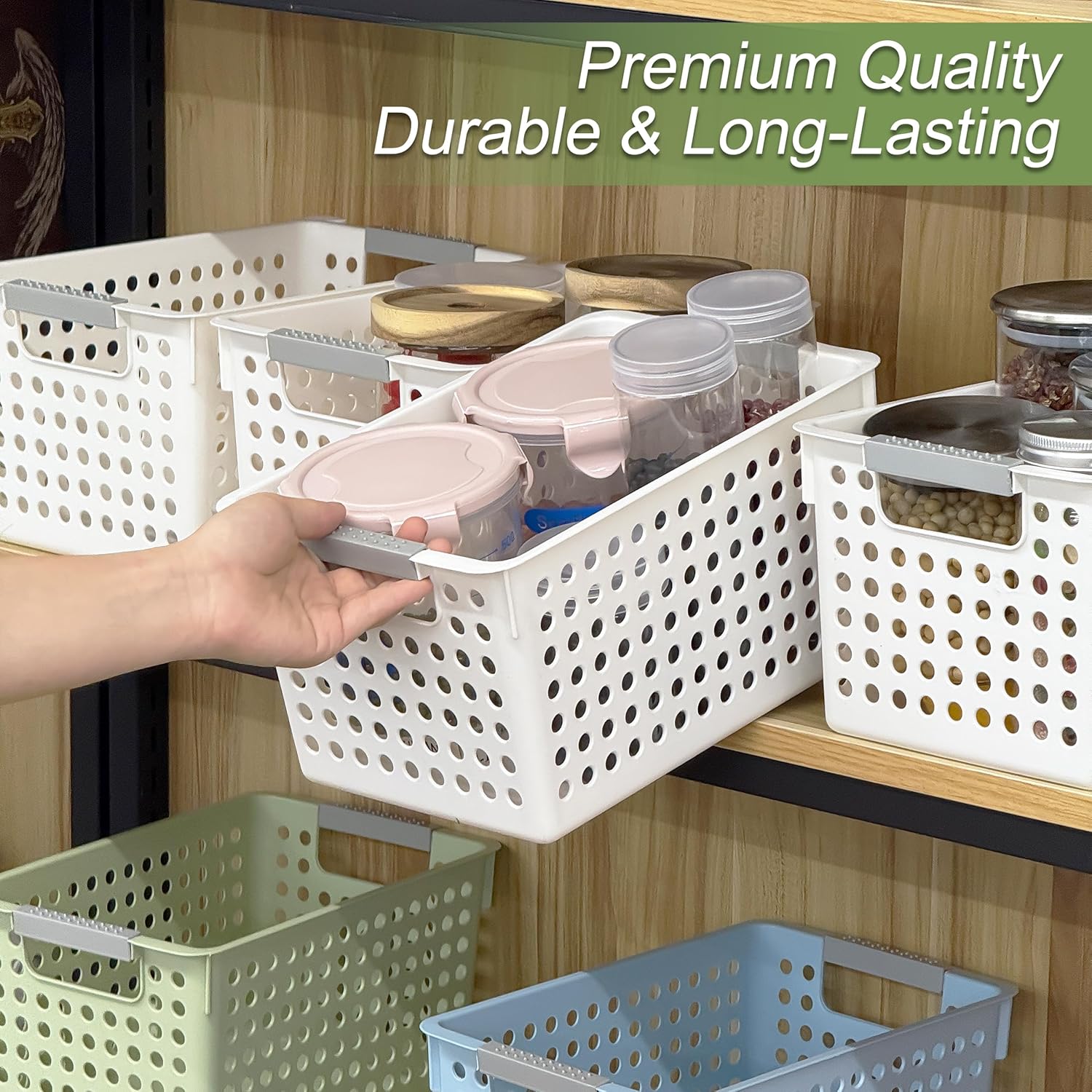 Soddeph 4 Pack Plastic Storage Basket with Handles, Small Deep Organizer Bin with Hollow Design for Under Counter, Shelf, Closet, Kitchen or Bathroom (White, Small)