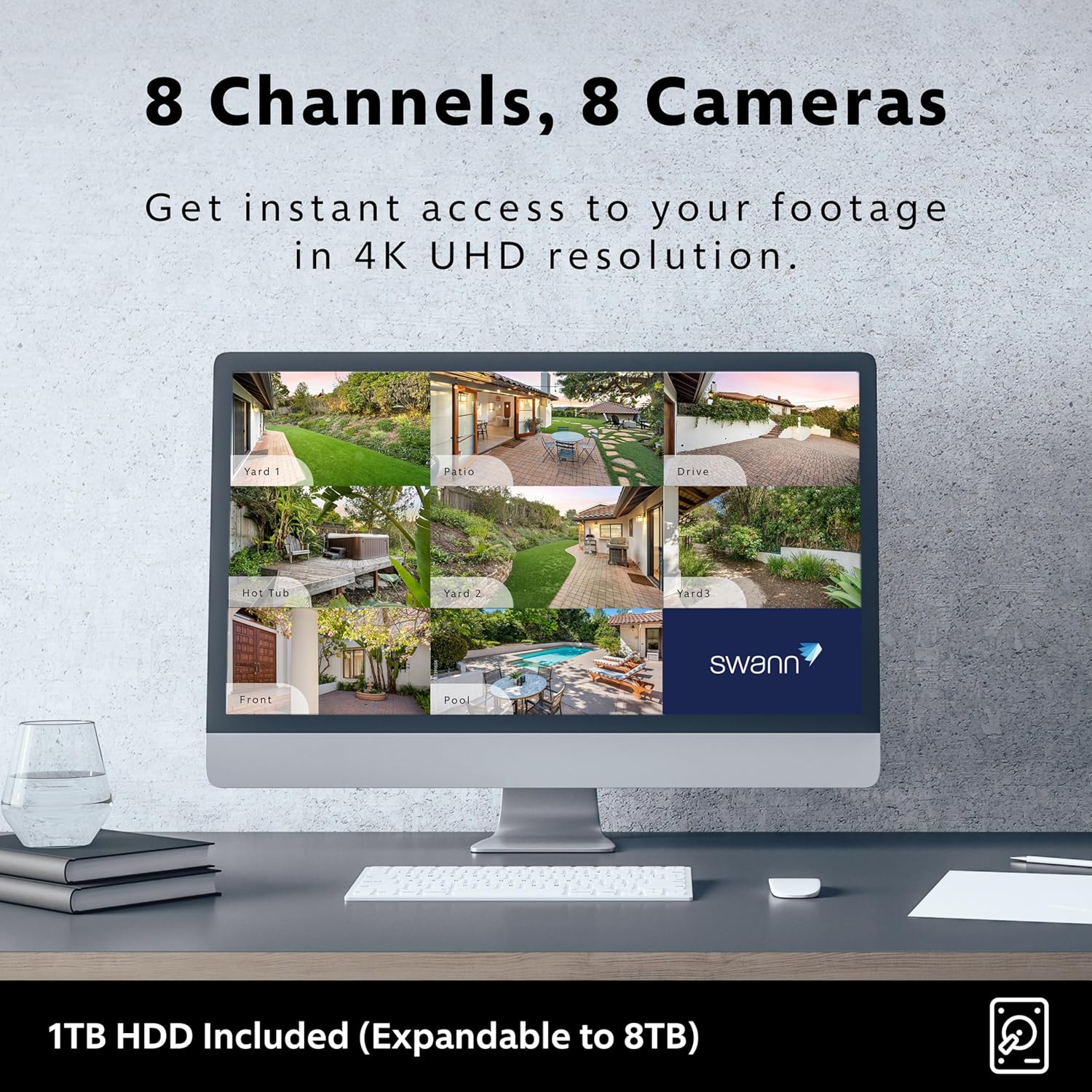 Monitor displaying live feeds from 8 security cameras in 4K UHD resolution