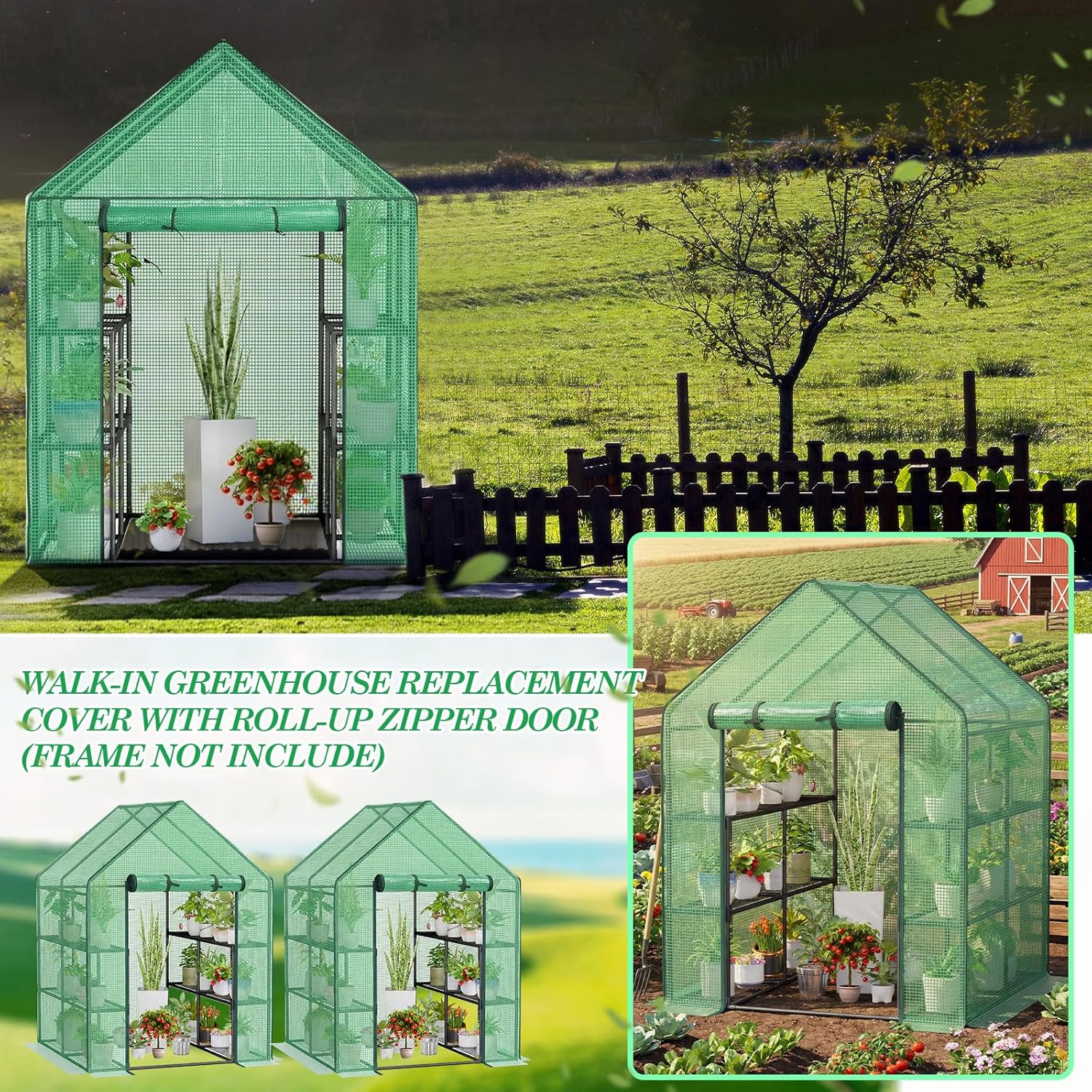 Frienda 2 Pack Walk in Greenhouse Replacement Cover, 56 x 56 x 76 PE Gardening Greenhouse Cover with Roll Up Zipper for Outdoor Cold Frost Protection Rain Wind Proof (Frame Not Included) (Green)