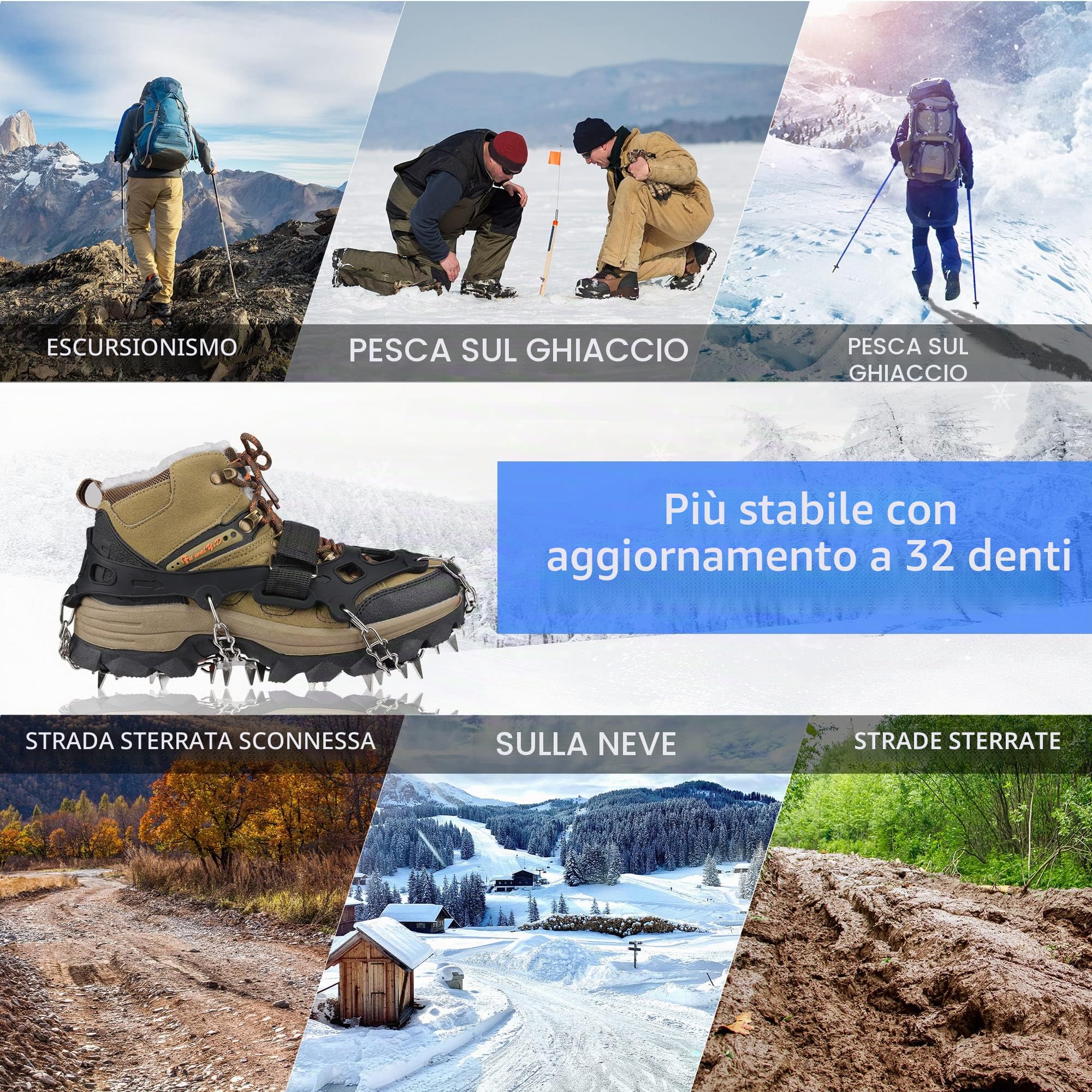 Ramponi per Scarponi,32 Denti Catene in Acciaio Inossidabile Picchi da Neve Ramponi con Tacchetti da Ghiaccio Trekking Portatile Escursionismo Campeggio Alpinismo Inverno