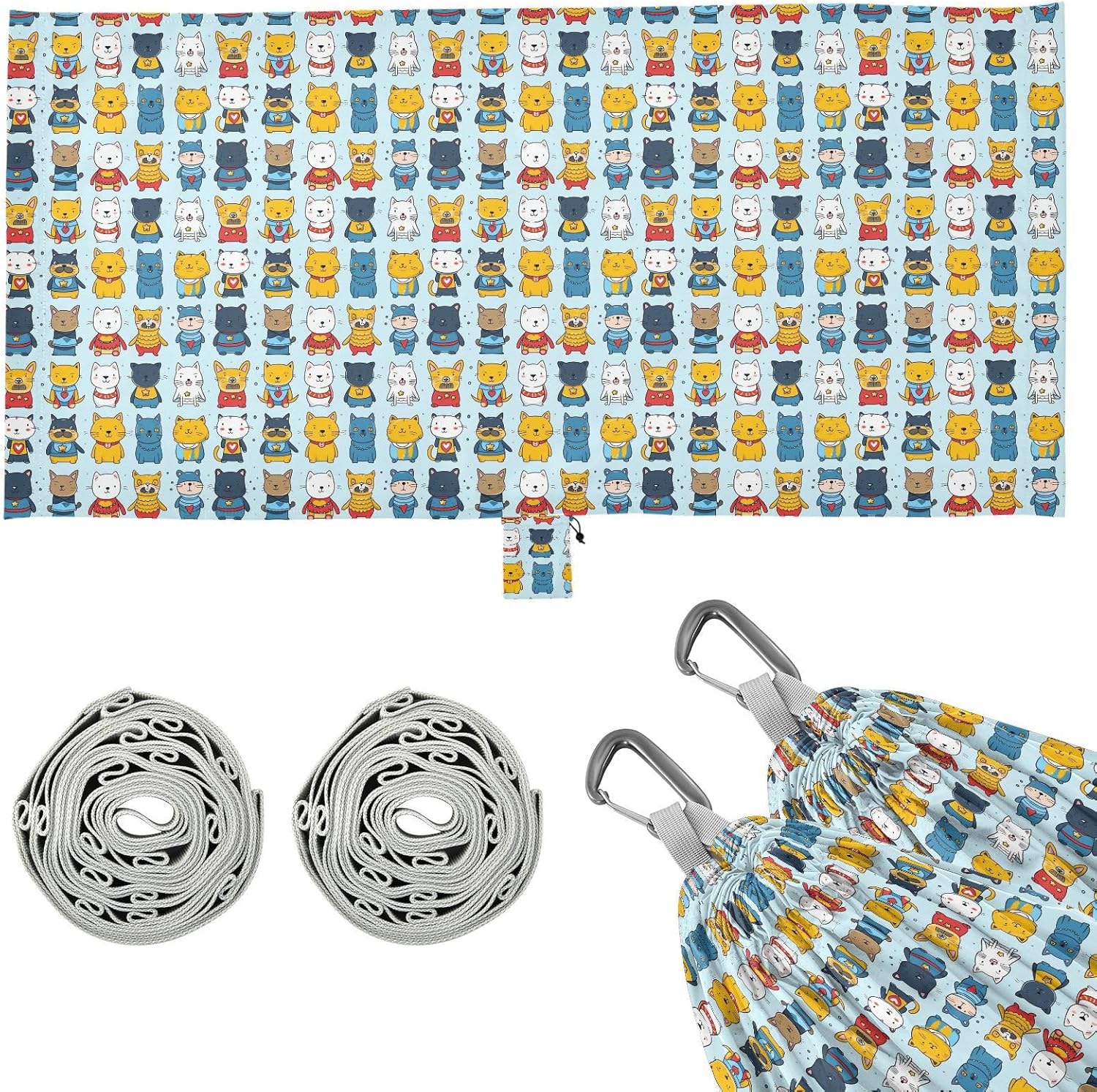 ALAZA Cartoon Cat Kitten Camping Hammocks Single or 2 Person 500 lbs Portable Parachute Travel Hammock w/Tree Straps for Hiking Backpacking Indoor Outdoor