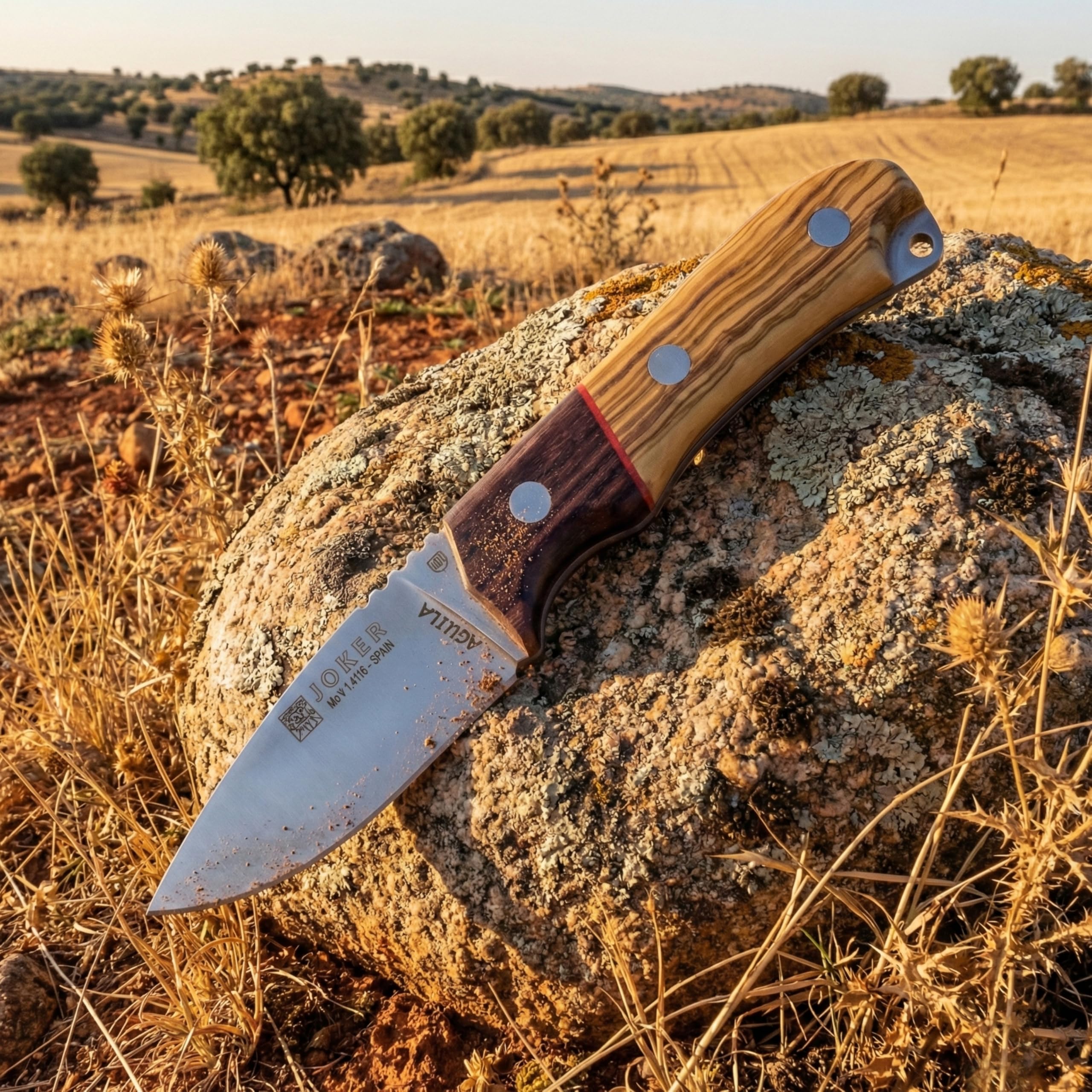 joker Coltello da caccia Aquila, con polsino in legno d'ulivo, lama MOVA 8,5 cm, include astuccio in pelle, palo santo ferrule, CO103 per attività di Pesca, l'Escursionismo, Il Campeggio