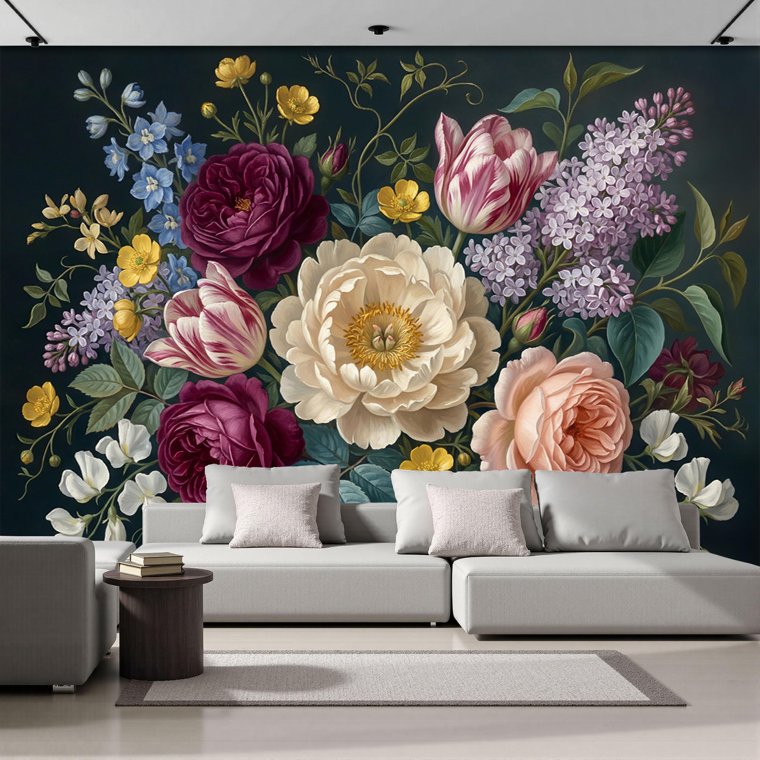 Papier peint panoramique rose et tulipes pour créer une ambiance rétro dans votre grand salon