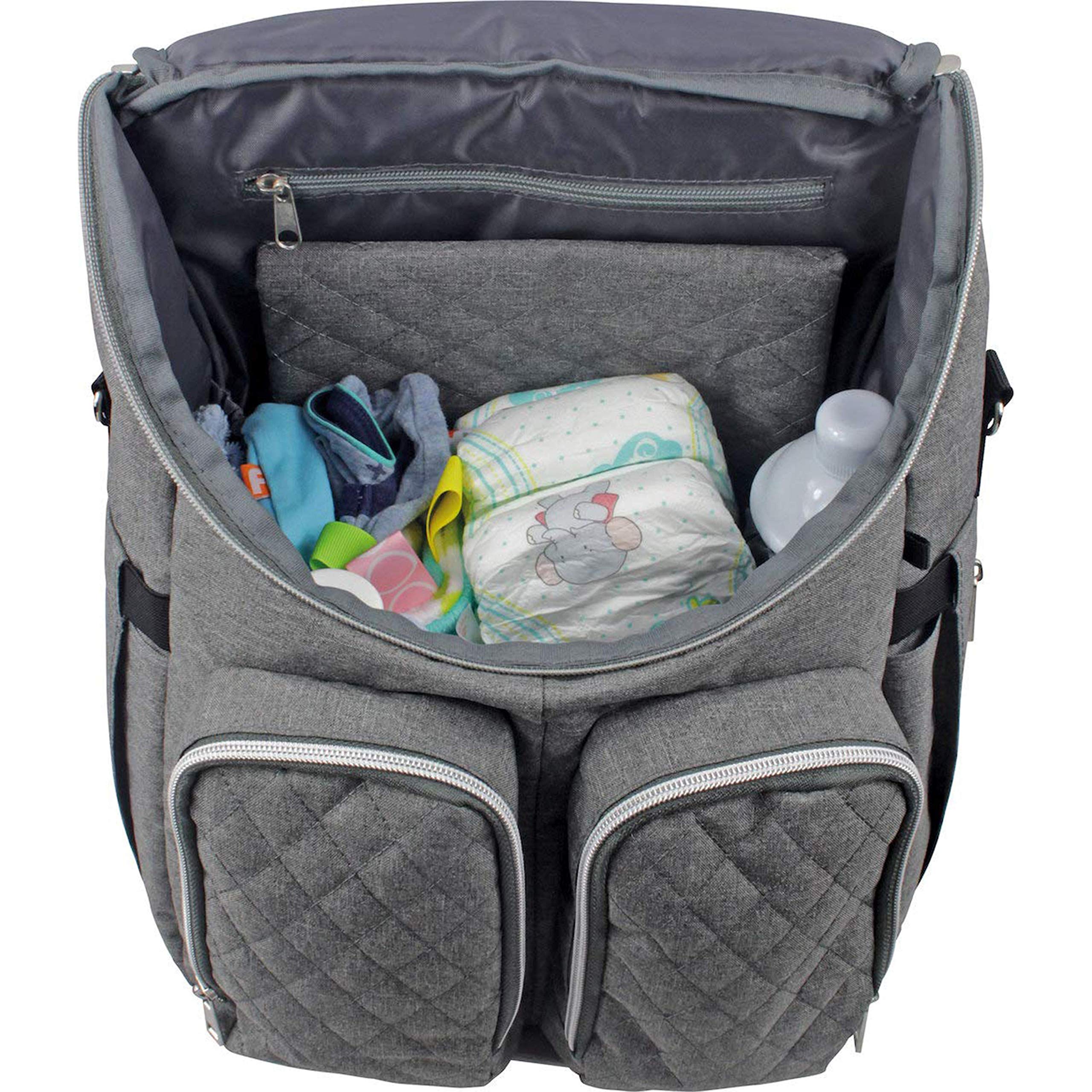 Dooky Wickeltasche 2 in 1 Universal Baby Kinderwagen Tasche Rucksack Kombination mit Reißverschluss (inkl. Wickelauflage/Wickelunterlage, 11 Fächer, verstellbare Riemen), Grau Melange