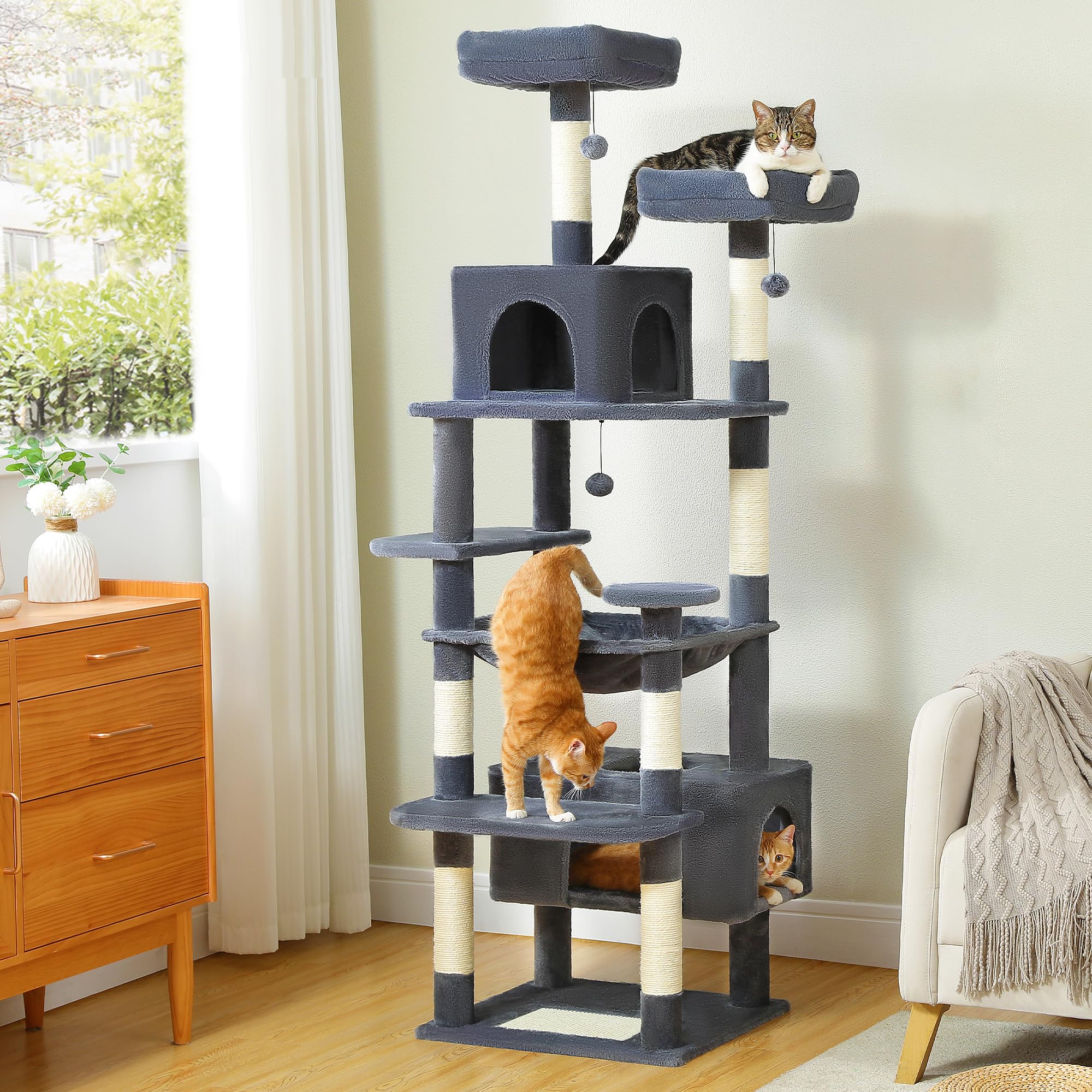 PAWZ Road Large Cat Tree, 72 Inches Cat Tower for Large Cats, Cat Condo with Sisal-Covered Scratching Posts and Pads, 2 Padded Perch, Dual Condo and Basket for Indoor Cats-Dark Gray