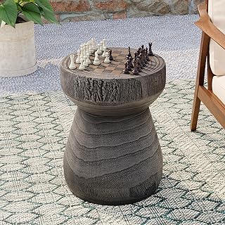 COSIEST Outdoor Side Table with Chessboard, 14'' Round Concrete Lightweight Faux Wooden Multi-Use End Table Garden Stool Log Style Plant Stand for Deck, Patio, Grey