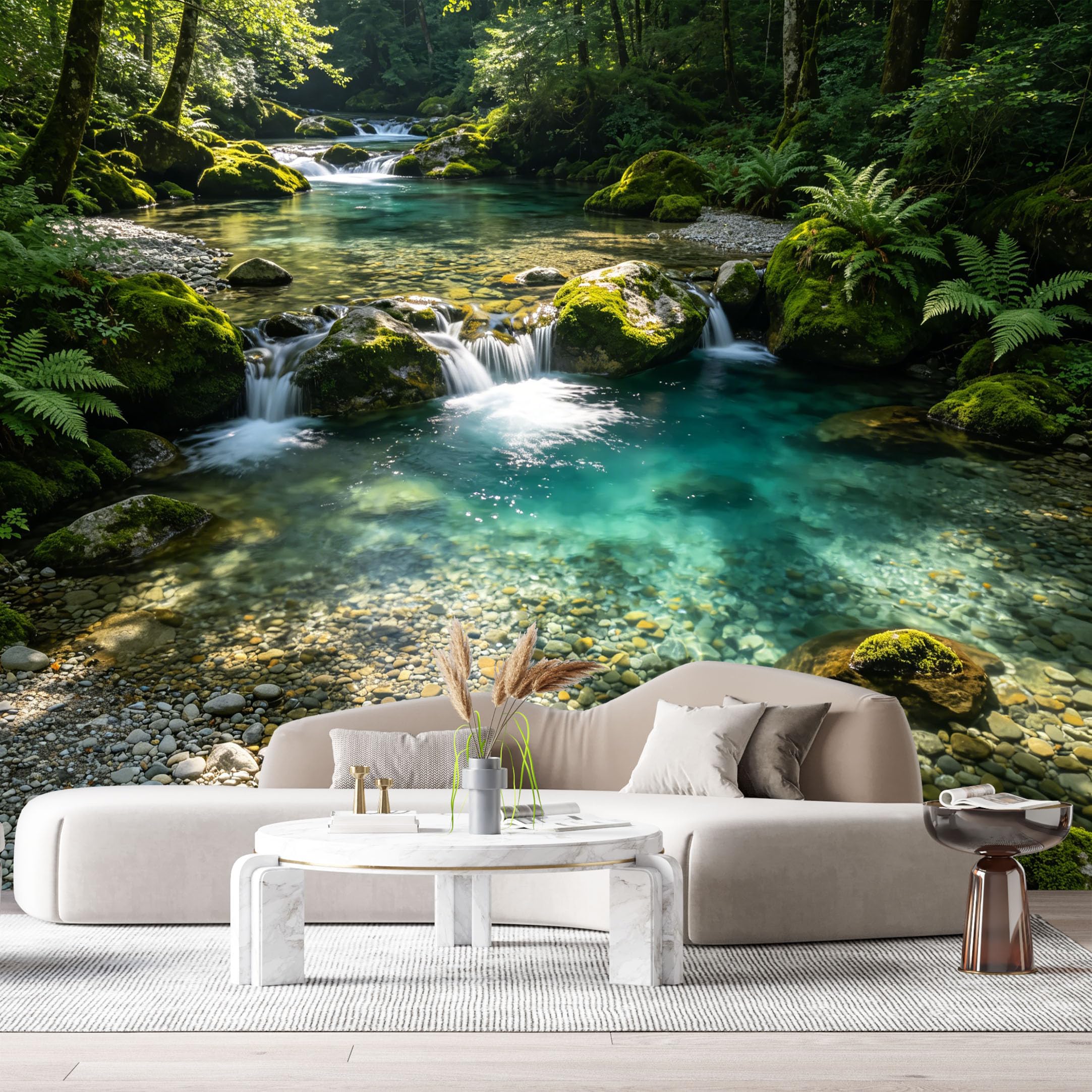Custom Size Wall Murals Forest Landscape Waterfall Stream Moss Rocks Tropical Nature SelfAdhesive Wall Fabric Removable Large Wallpaper for Photo Living Room