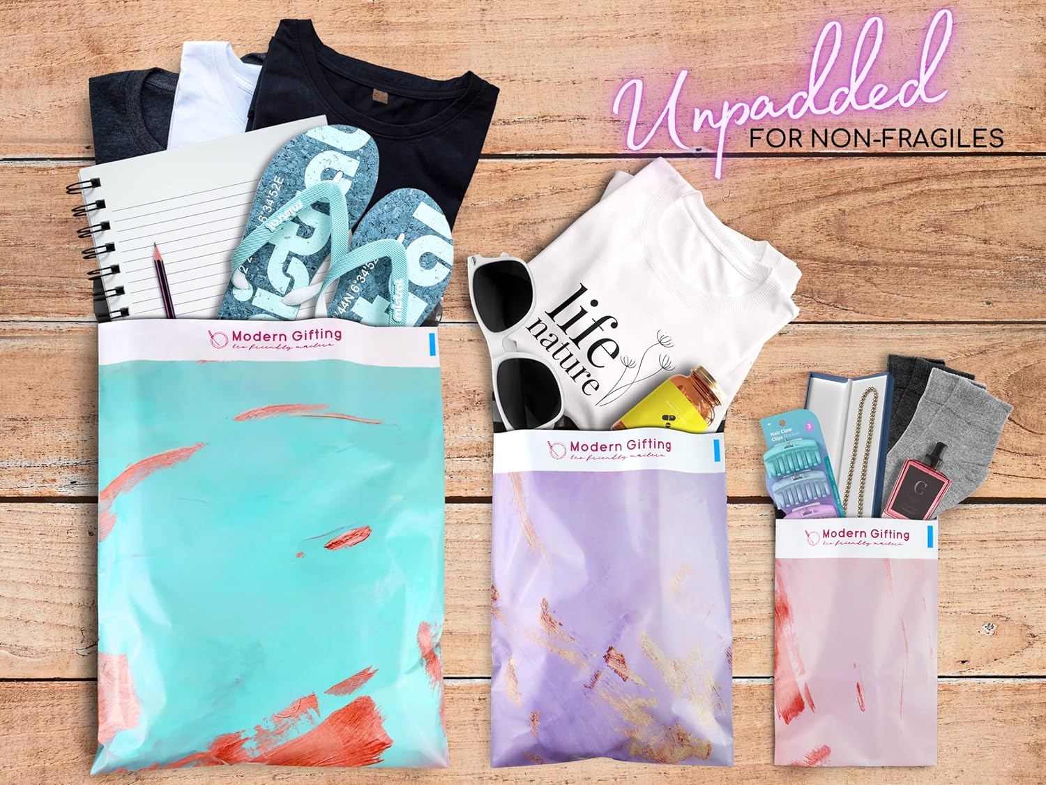 Eco Friendly Sustainable Poly Mailers, Multiple Sizes Variety 75 Pack (25 Each: 6x9, 9x12, 12x15) Different Assorted Sized Shipping Bags, Trendy Chic Boutique Envelopes (Acrylic Paint)