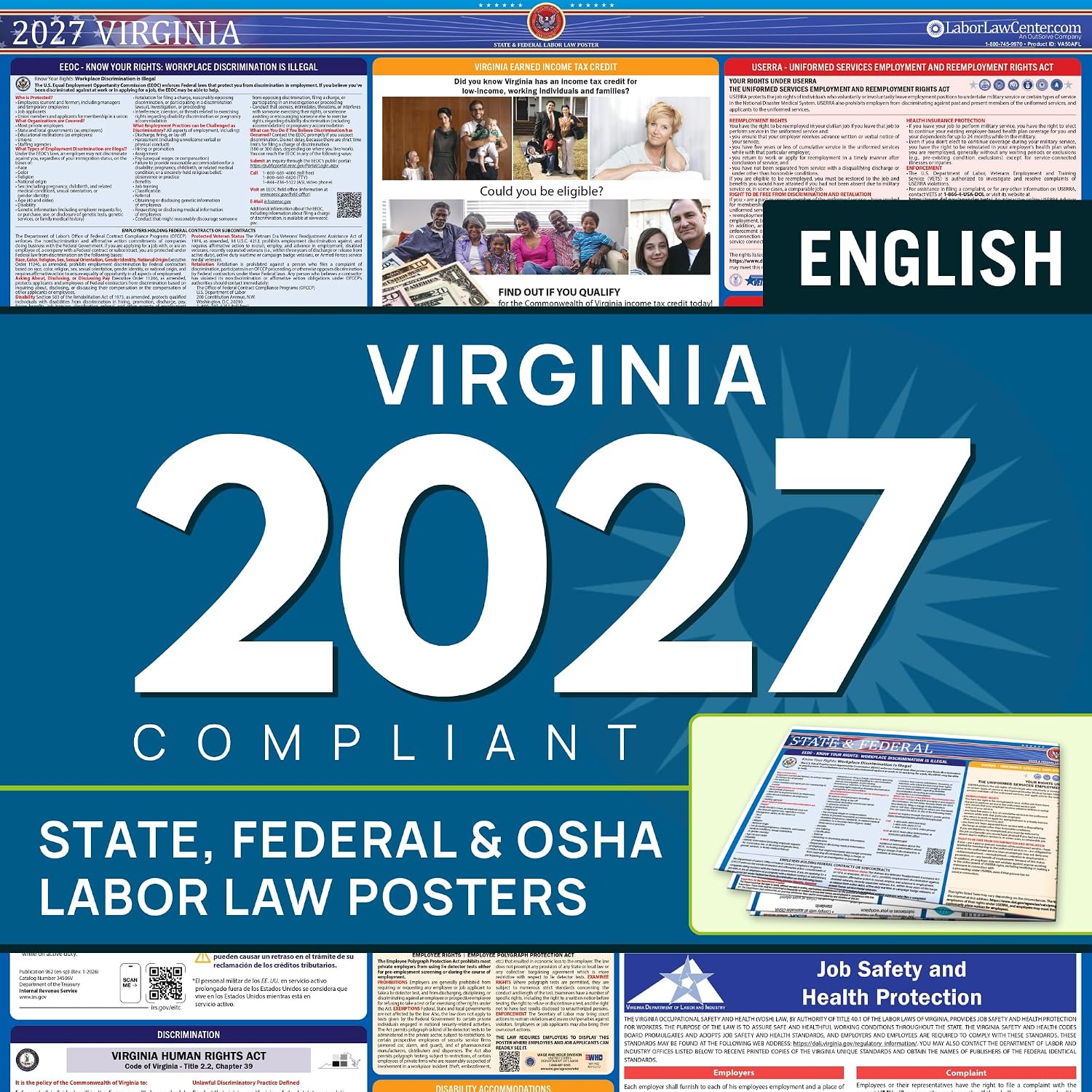 Labor Law Poster Virginia 2027, Paper Unlaminated, State, Federal Notices