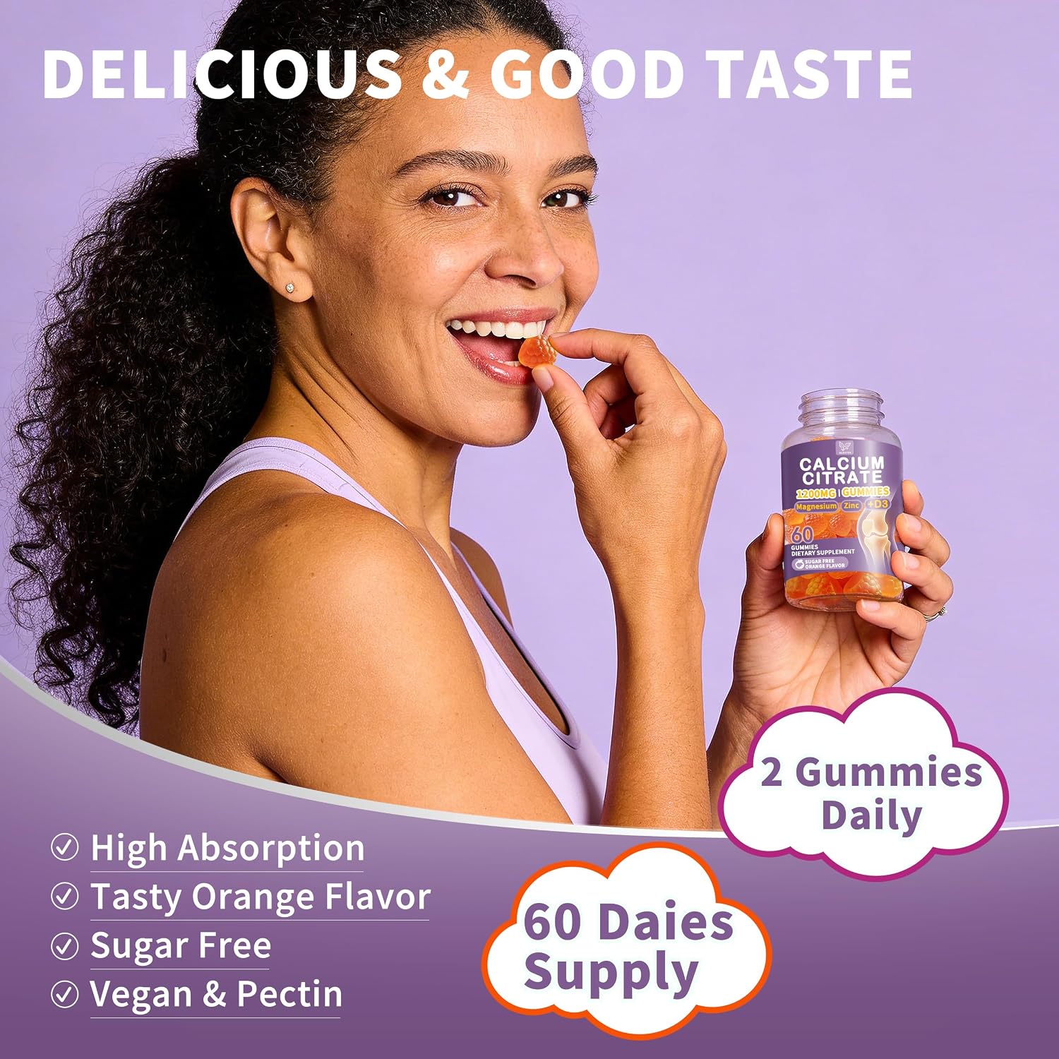 (2 Pack) Calcium Citrate 1200 mg for Women Men,Calcium Magnesium Zinc Vitamin D3 Gummies,High Absorption Calcium Chews Supplement for Bone,Teeth & Muscle Healthy,Sugar Free,Vegan,Non-GMO,Orange Flavor