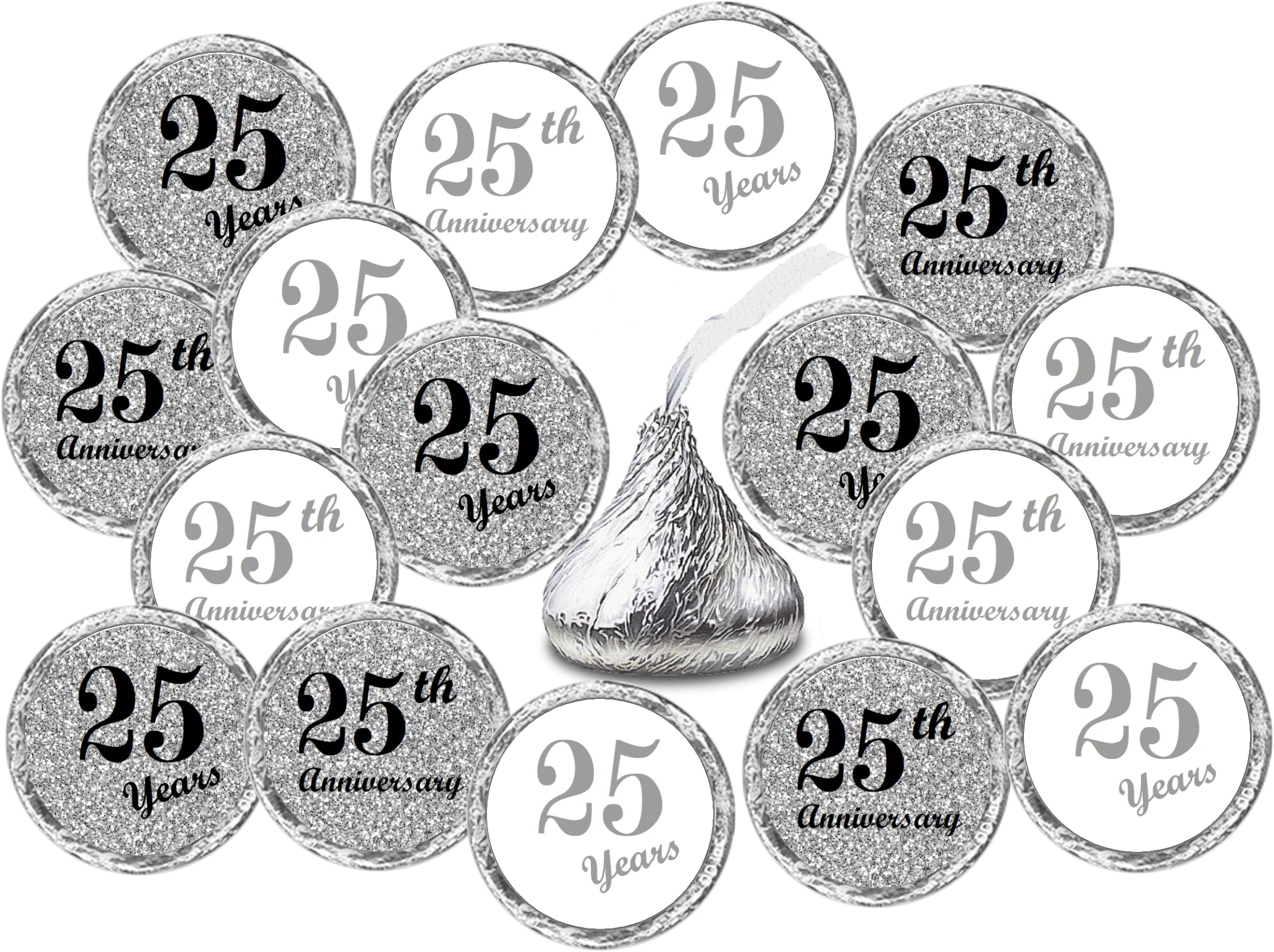 25th Anniversary Kisses Stickers, (Set of 216) Chocolate Drops Labels Stickers for 25th Wedding Anniversary, Party Favors Decor for Kisses. Made in USA