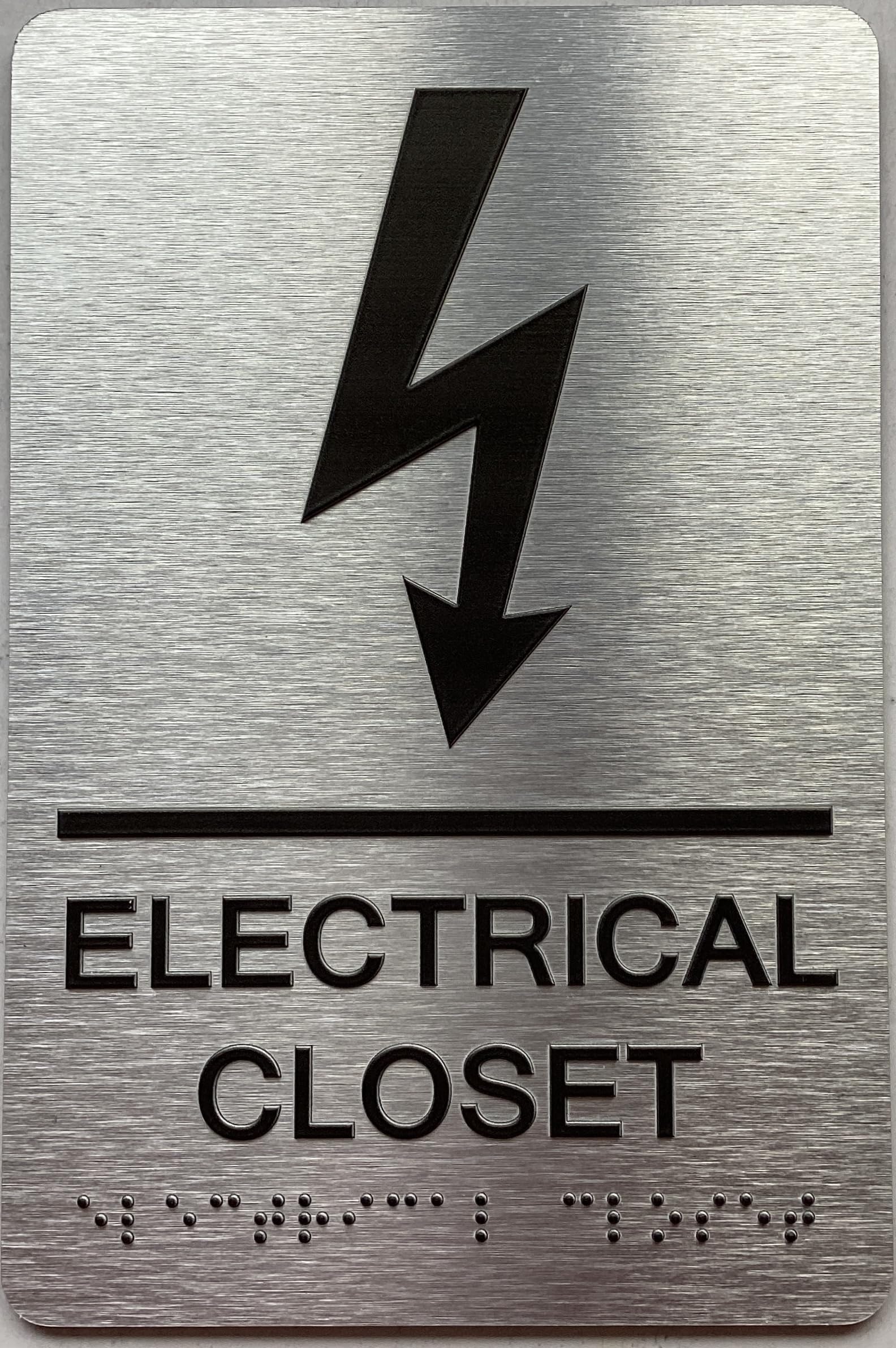 ELECTRICAL CLOSET sign with Raised letters/Image & Grade 2 Braille - Includes Red Adhesive pad for Easy Installation (6" W x 9" H,Brushed Aluminum/