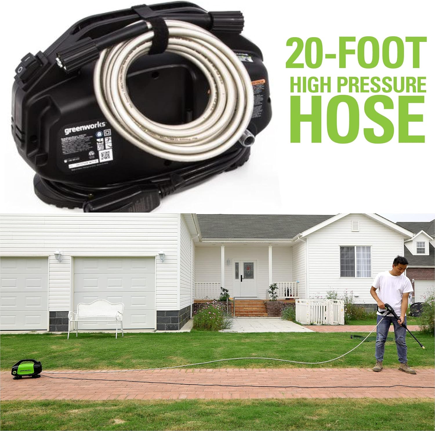 Greenworks pressure washer with 20-foot high pressure hose