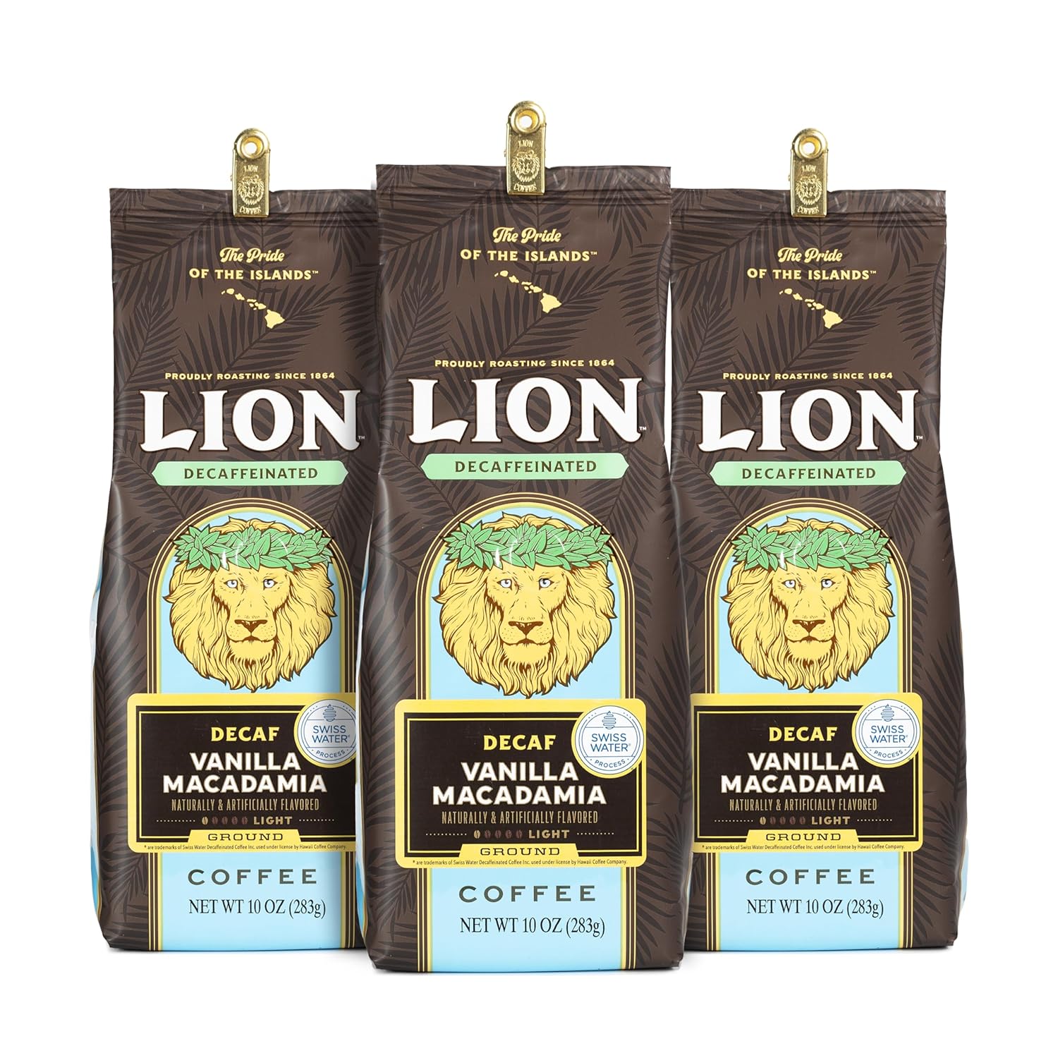Lion Coffee, Swiss Water DECAF, Gold Roast, Ground, 10 Ounce Bag (Pack of Three)