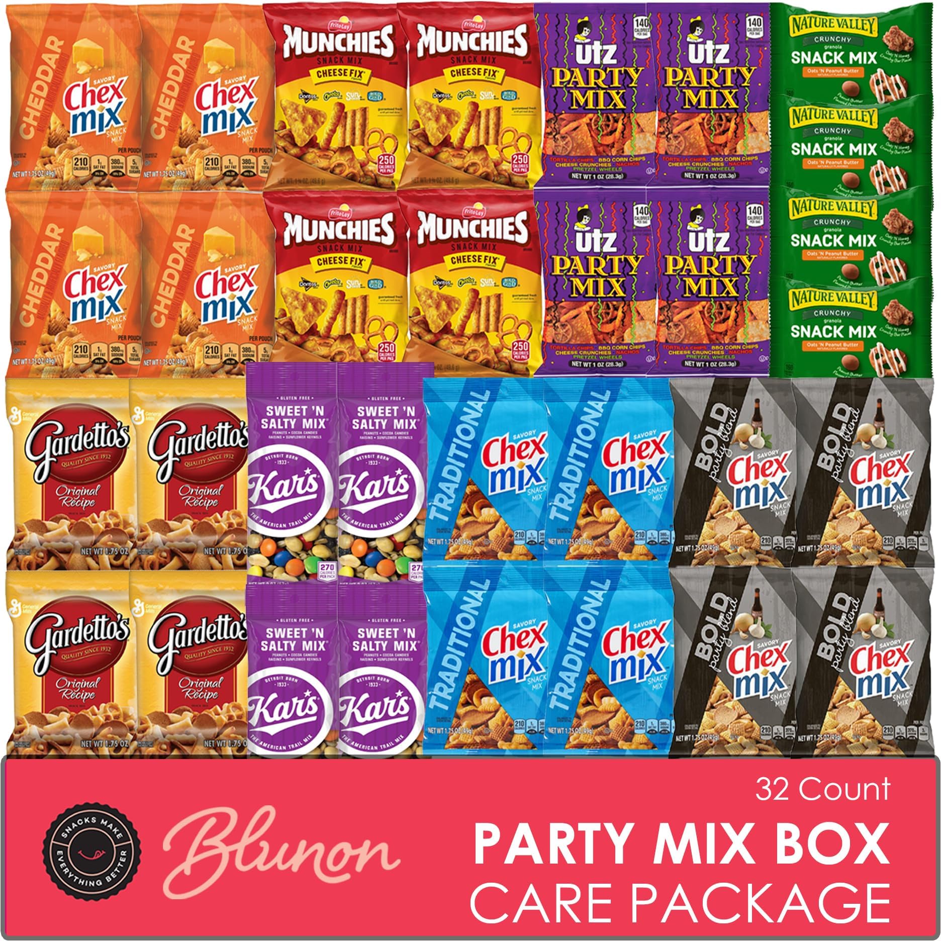 Snacks Variety Pack for Adults - Snack Pack Care Package - Party Mix Snack Mix Gift Box - Chex Mix Individual Packs Bulk Assortment (32 Pack)