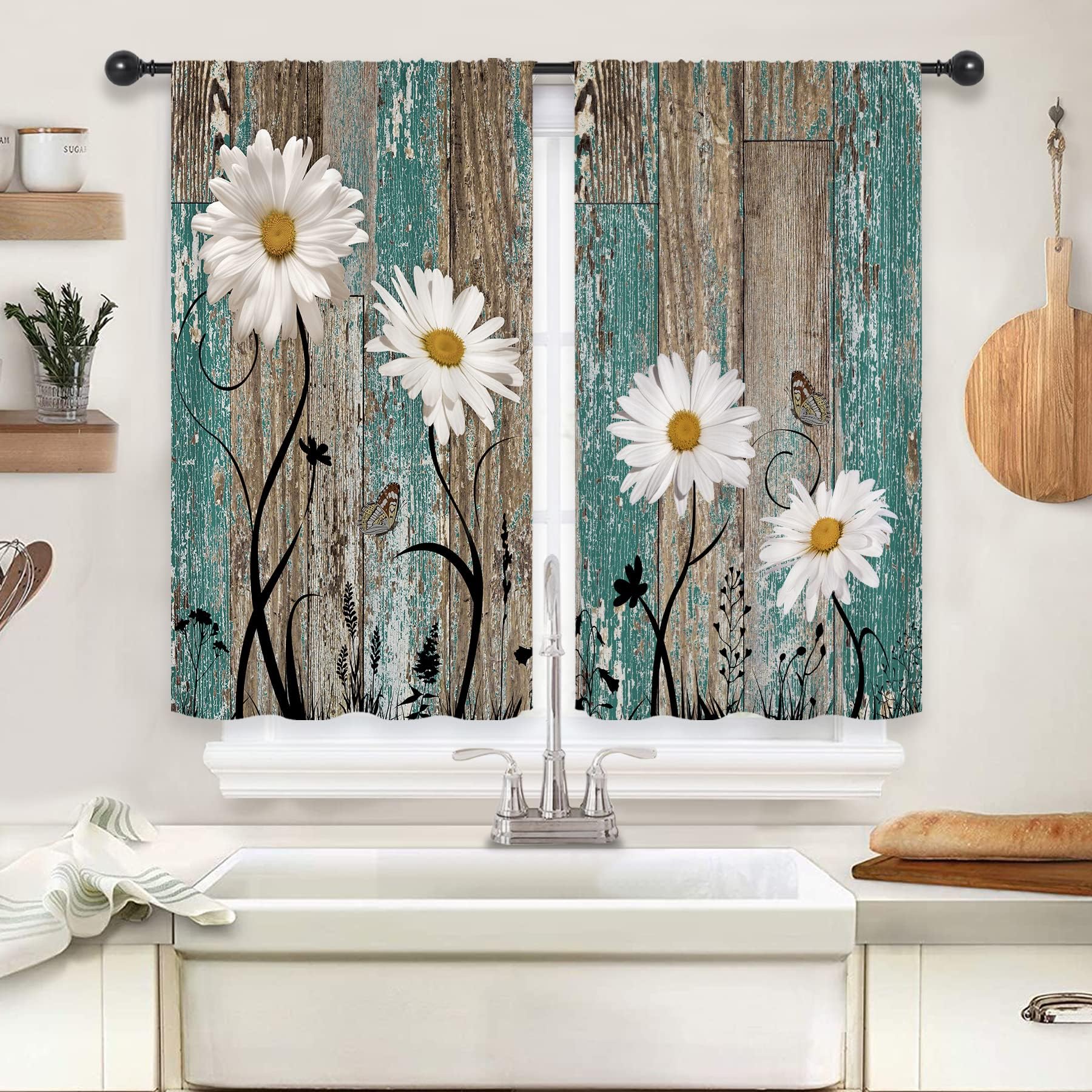 Riyidecor Rustic Curtains Floral Daisy Barnwood Farmhouse Wooden Garage Door Rod Pocket Butterfly Kitchen Teal and Grey American Country Farm Style Bedroom Living Room Treatment 2 Panels 27.5x39 Inch