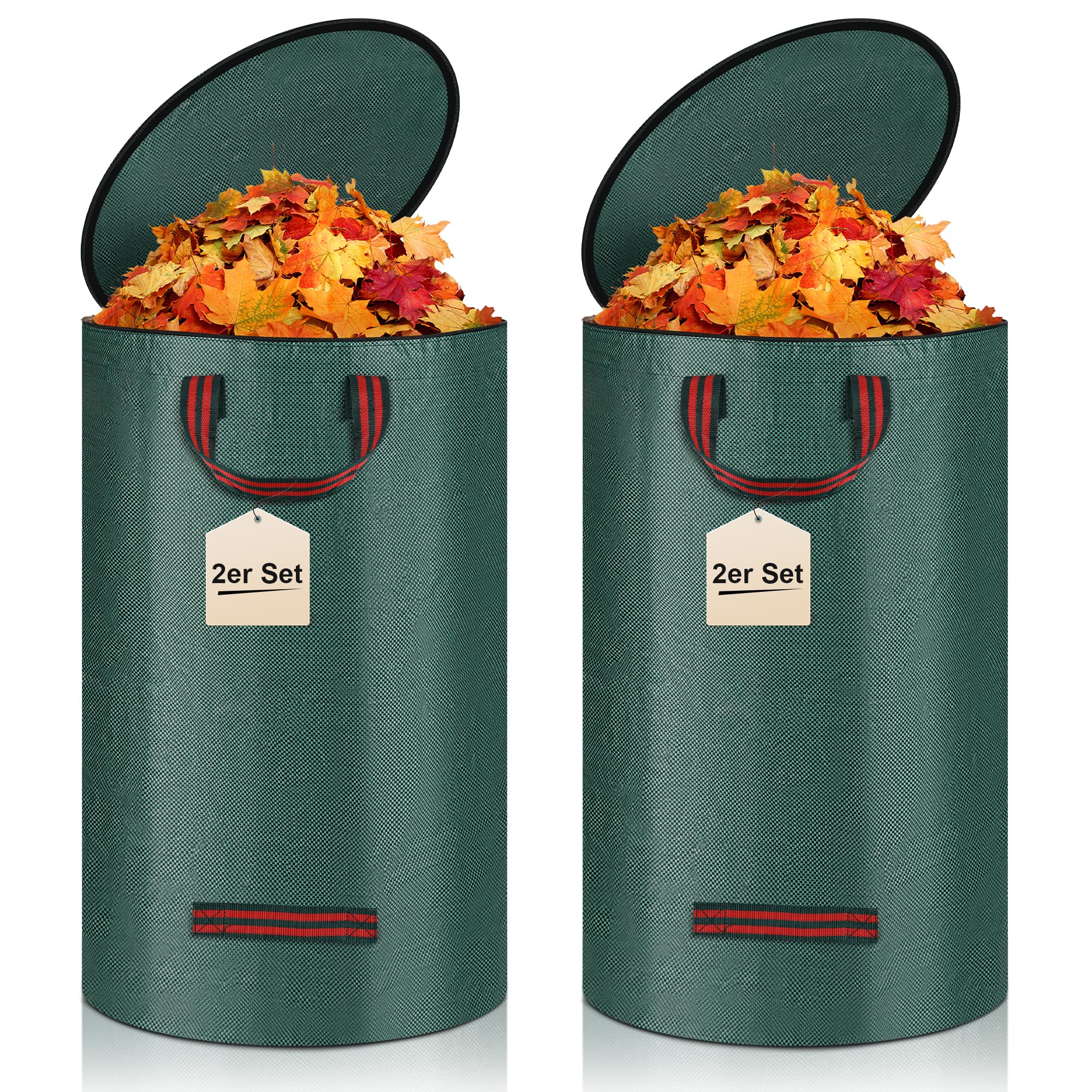 JAWELL Sacchi per Rifiuti da Giardino, 2 x 120L Sacchi da Giardinaggio con Coperchio, Sacchi per Raccogli Foglie da Giardino con Maniglie, Antistrappo, Idrorepellente, per Foglie, Rifiuti Verdi