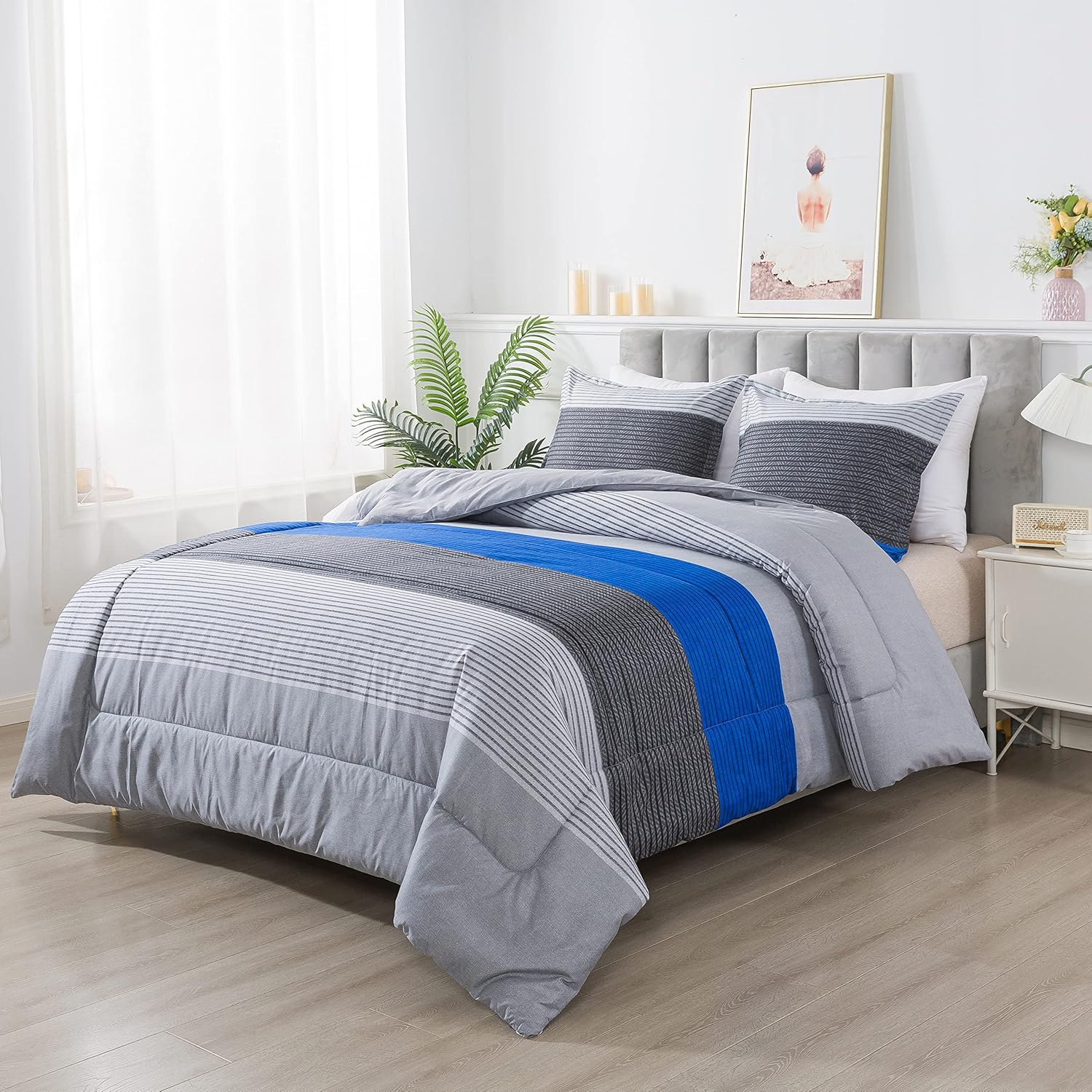 Caressma Gray Blue Striped Comforter Set, Queen Size(90x90