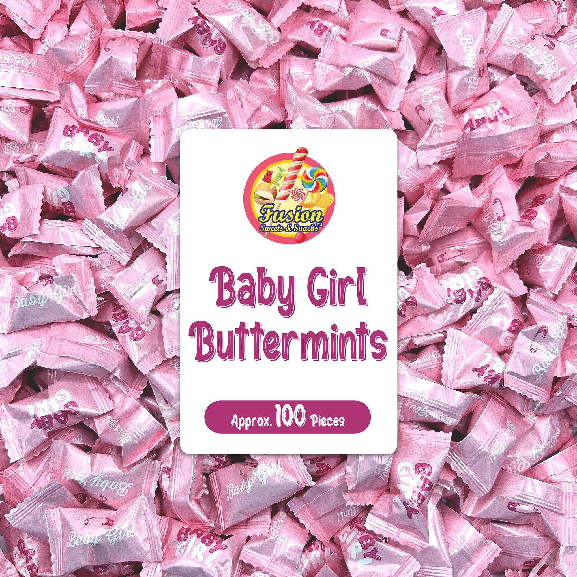 Baby Girl Buttermints - 100 unidades - Caramelos rosas para baby shower - Caramelos de baby shower - Perfecto para fiestas de revelación de género, bolsas de golosinas de hospital, fiesta de
