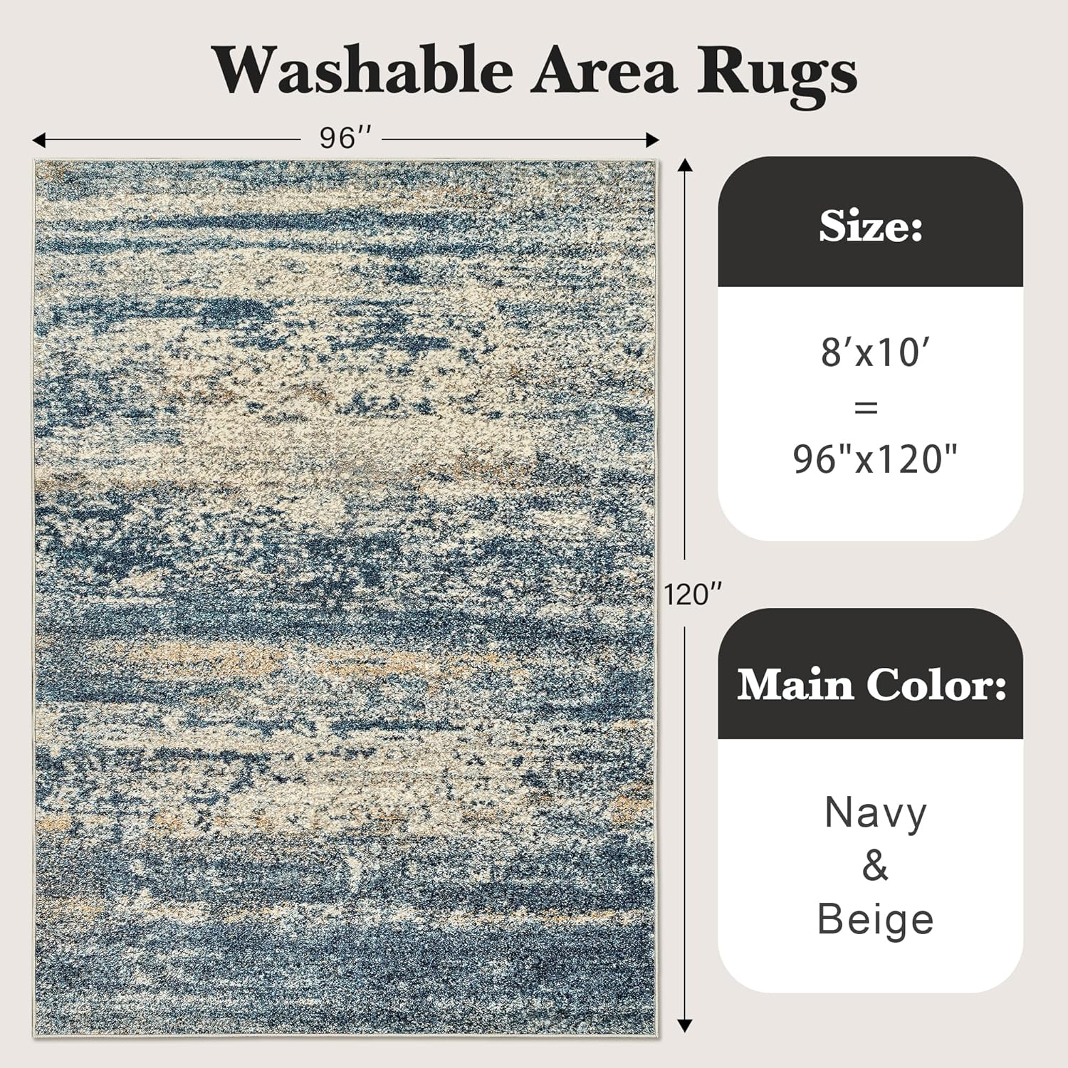 art&tuft washable rugs 8x10, anti-slip backing abstract 8x10 area rugs, stain resistant rugs for living room, foldable machine washable area rugs (8'x10', navy) navy 8' x 10' (rectangular)