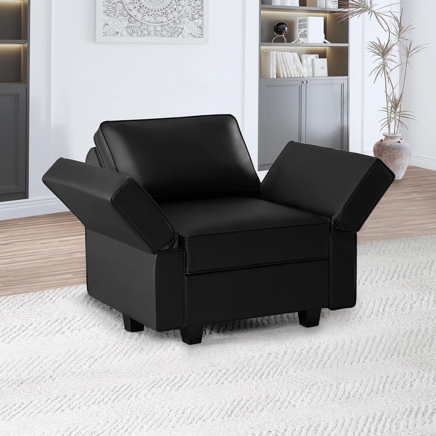 Naomi Home Sarah Accent Chair in Black Air Leather, Ergonomic Seating with Pocket Coil Springs, Compact Modern Lounge Chair for Living Room, Bedroom, or Office Use