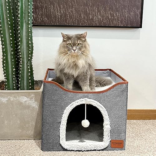 Miniatura 6 de PETKARAY Cueva para gatos, camas para gatos de interior, casa de cubo cubierta para gatos con bola de felpa y almohadilla para rascar, condominio