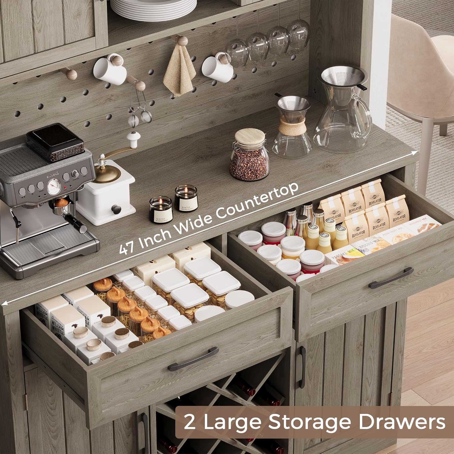 Open storage drawers on the coffee bar cabinet